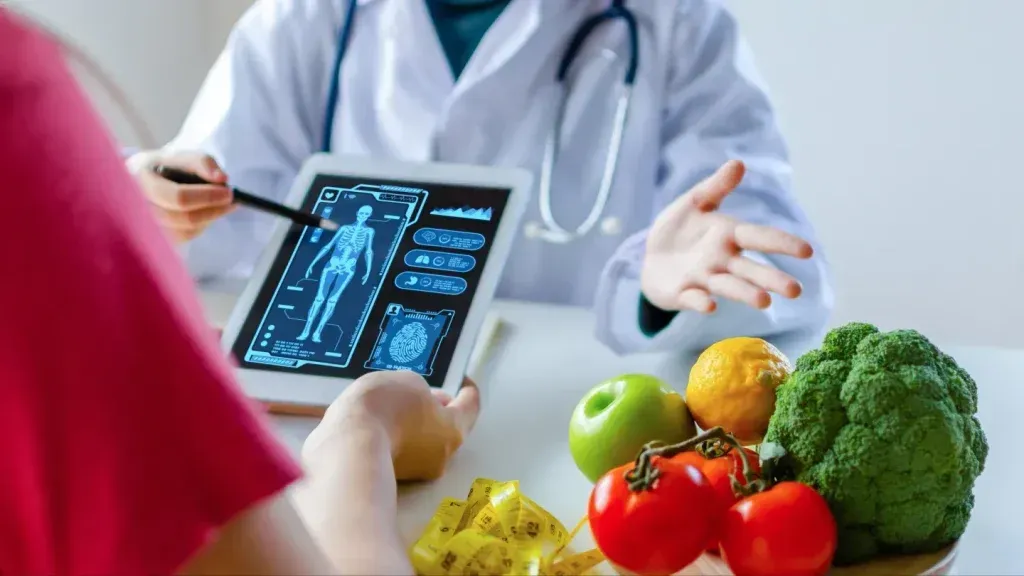 Doctor showing a patient body scan on a tablet, with fresh fruits and vegetables on the table.