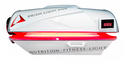 A white Prism Light Pod with red light inside, for nutrition, fitness, and light therapy.