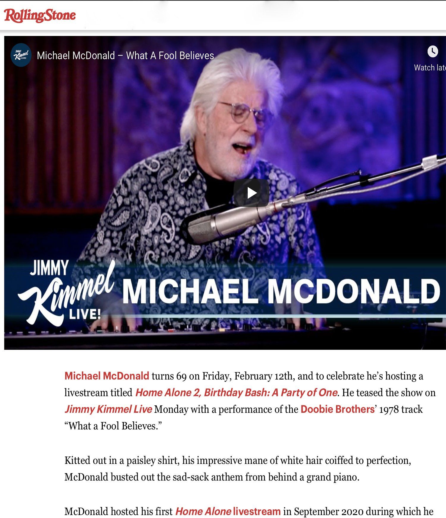 Michael McDonald Teases Birthday Livestream With ‘What a Fool Believes’