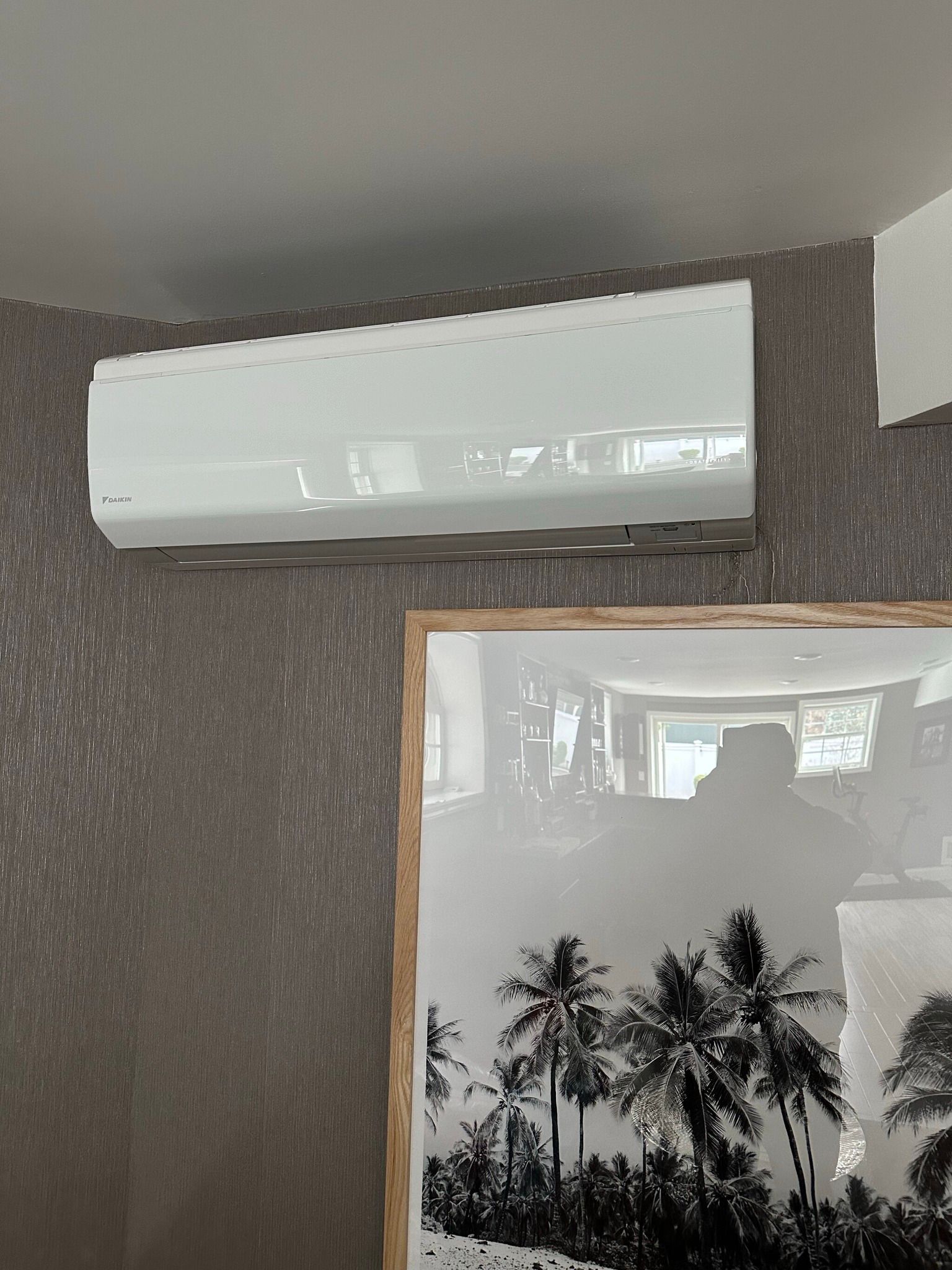 A picture of palm trees is hanging on a wall next to an air conditioner.