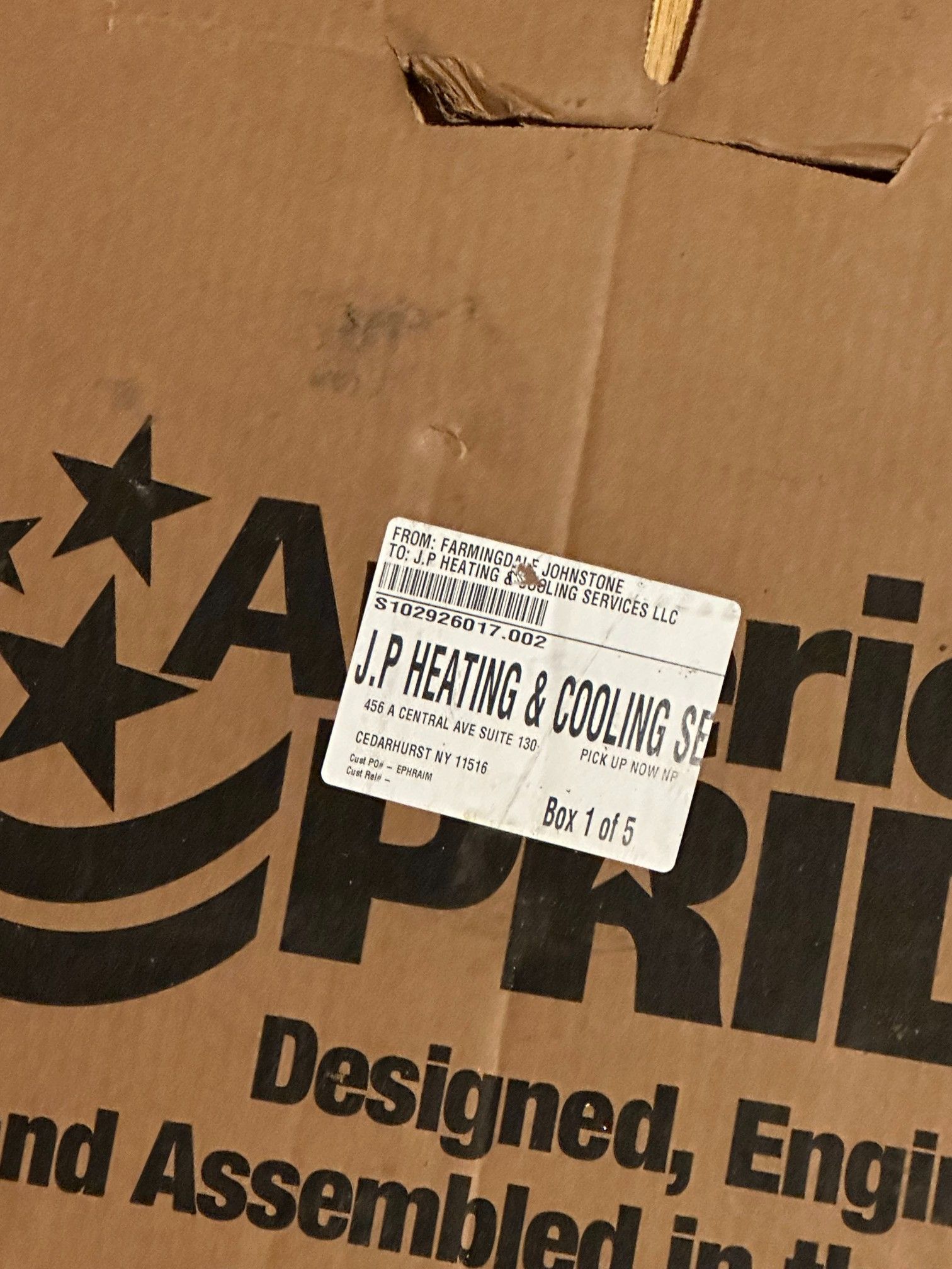 Cardboard box with a label that reads 