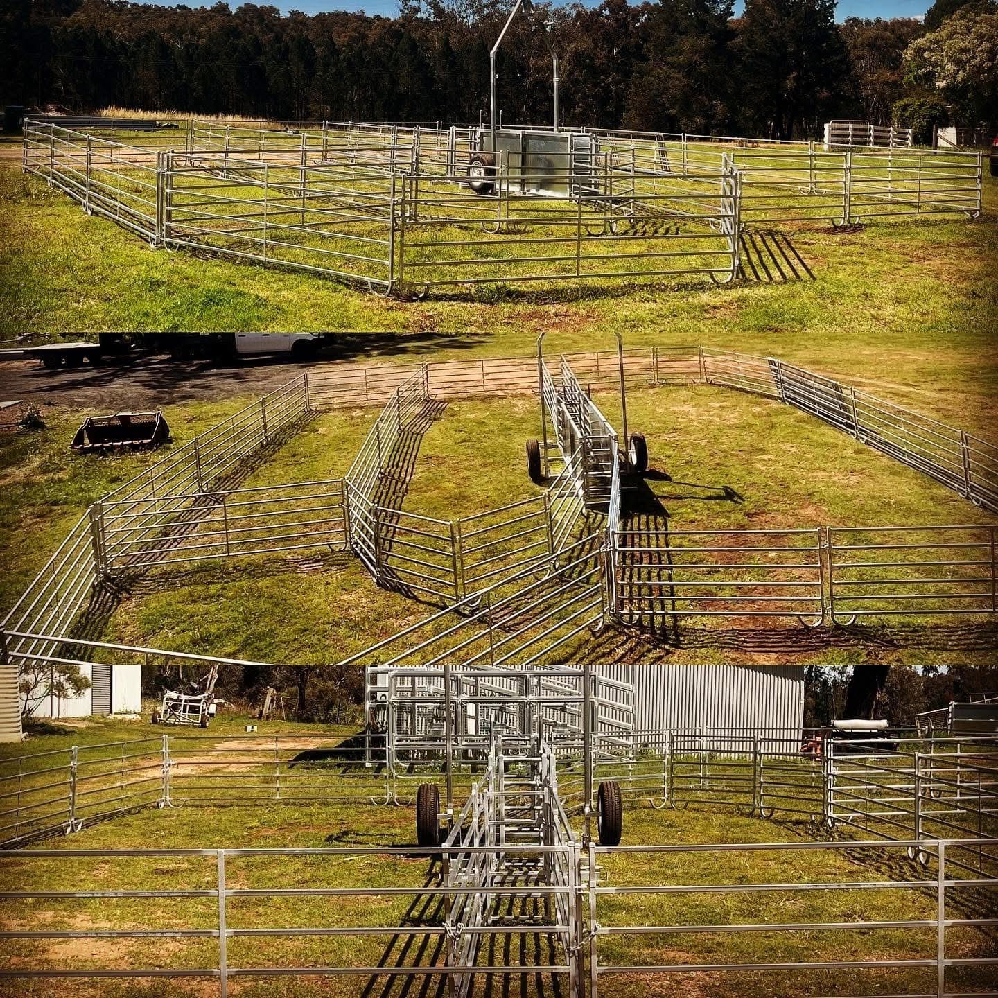 Metal cattle yard system on a grassy hill. Sections and pens for livestock handling, in a rural setting.