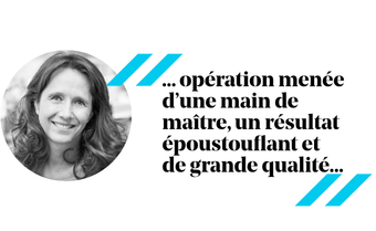 Portrait de femme avec texte : « opération réalisée de main de maître, résultat époustouflant et de grande qualité. »