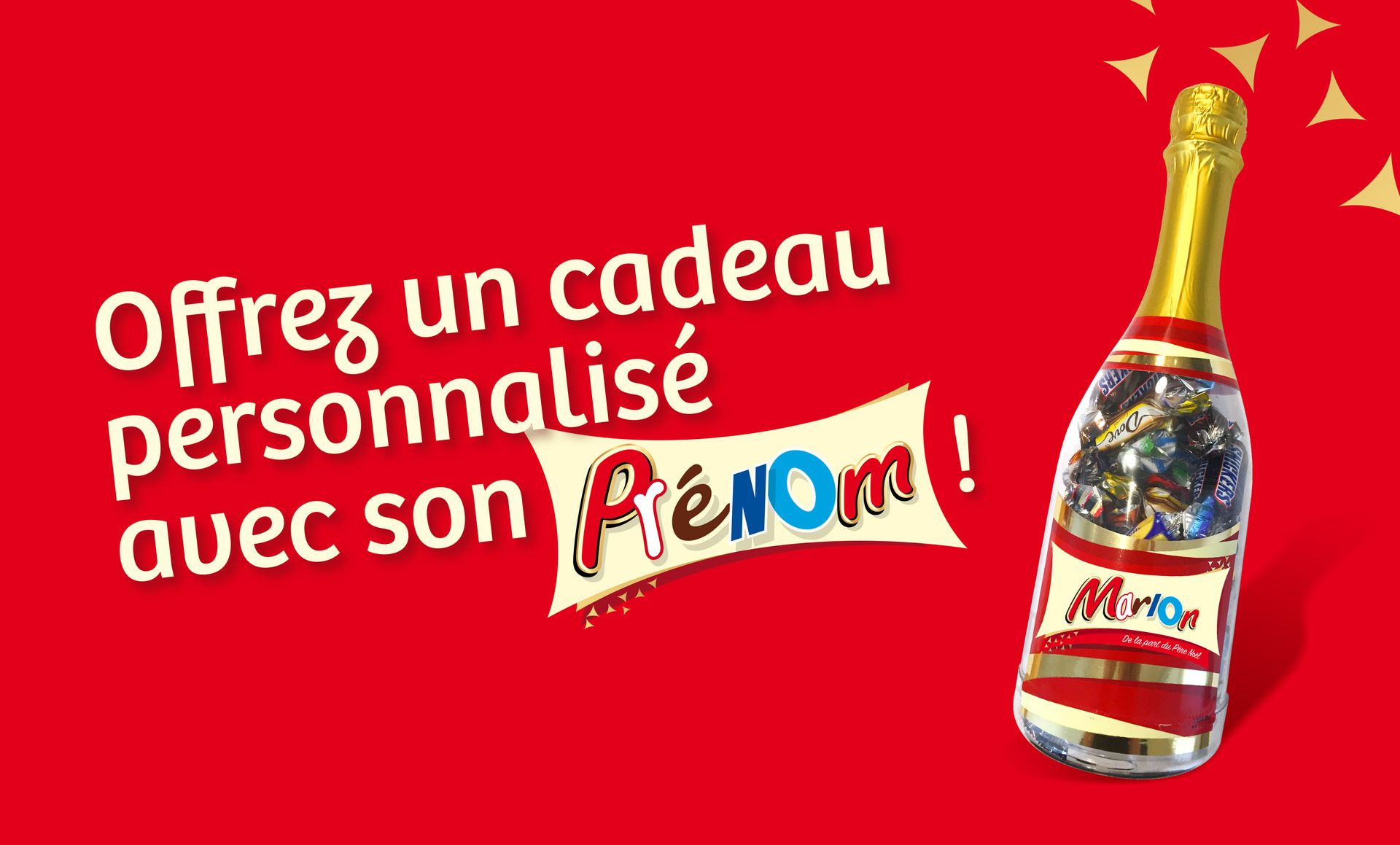 Cadeau bouteille de champagne sur fond rouge. Texte : « Offrez un cadeau personnalisé à son nom ! »