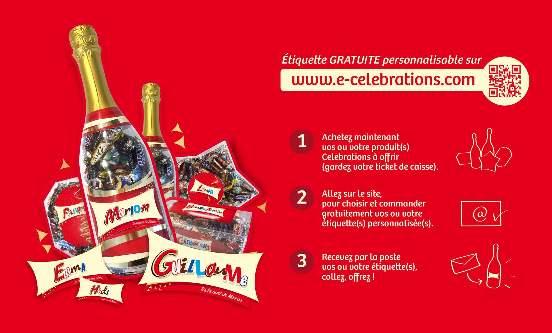 Graphique promotionnel : Bouteilles de champagne, chocolat et adresse de site Web sur fond rouge.