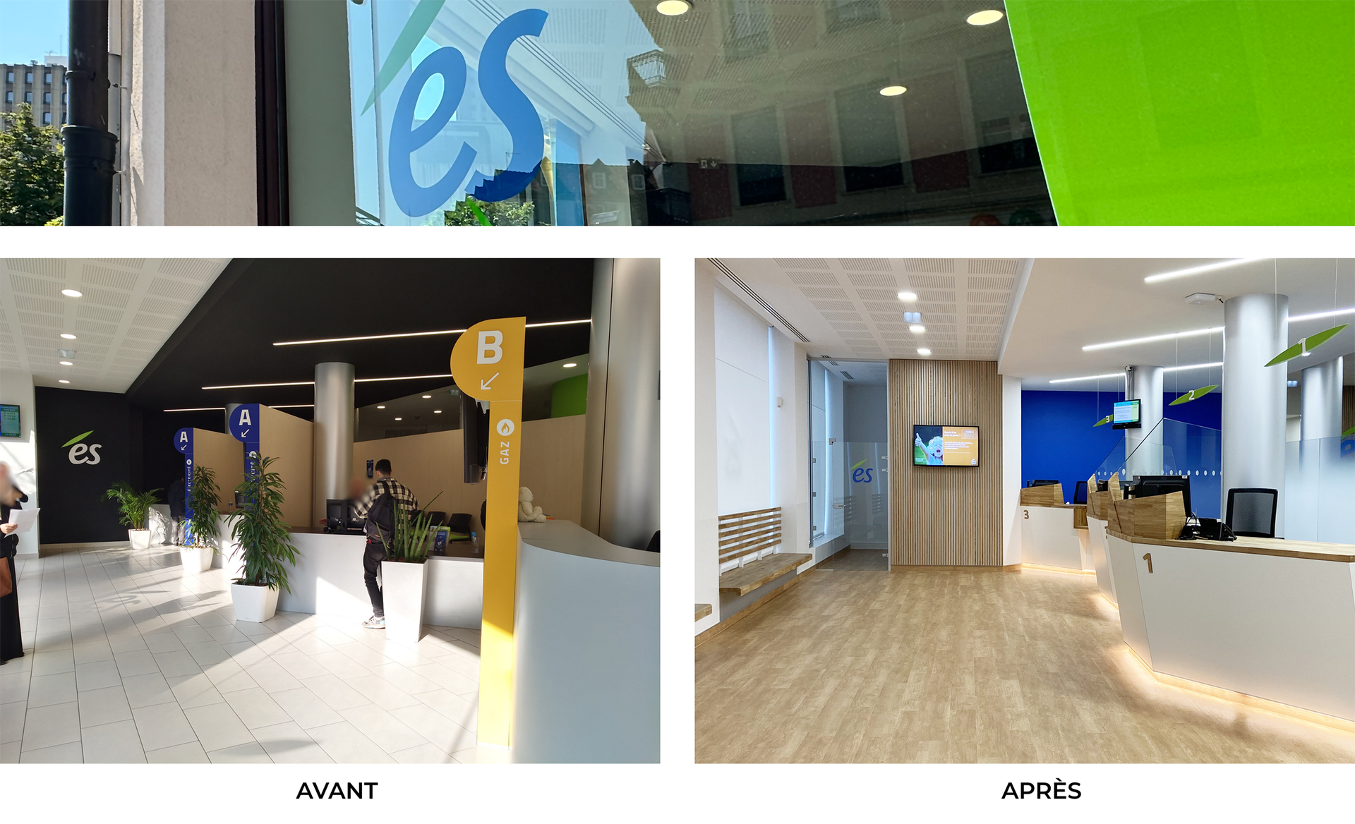 Deux vues intérieures d'une agence ÉS : un espace client avec salle d'attente et un espace personnel avec un comptoir d'accueil.