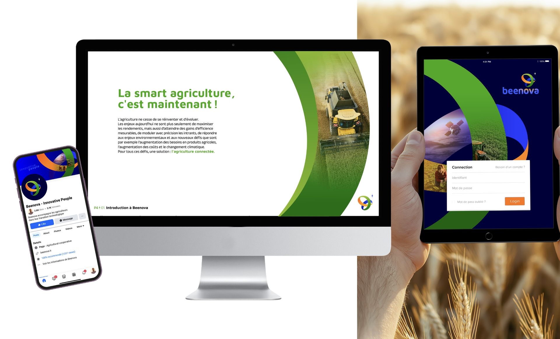 Appareils affichant un site web Beenova: ordinateur, tablette et téléphone avec un logo vert et orange, sur fond de champ de blé.