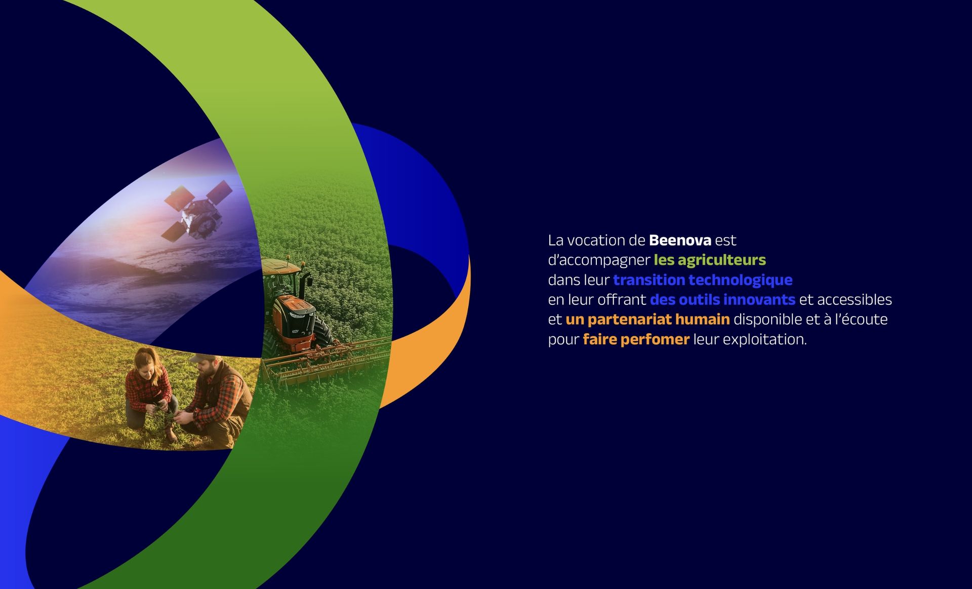 Beenova. Anneaux colorés superposés représentant des scènes agricoles et du texte sur fond bleu foncé.