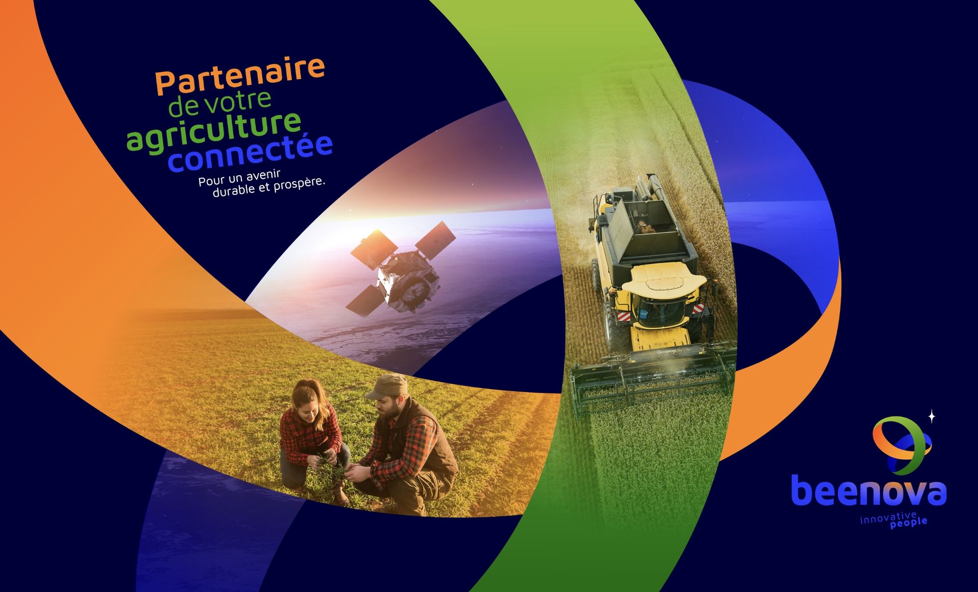 Agriculteurs dans un champ, tracteur, satellite, agriculture connectée ; design orange, vert et bleu. Logo Beenova.
