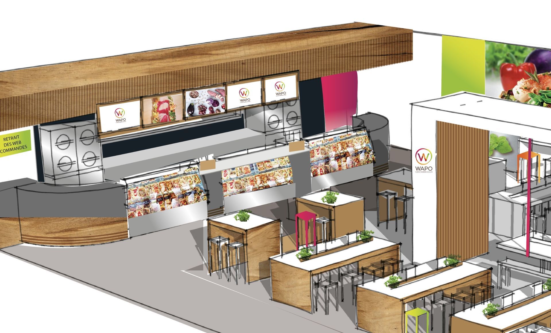 Représentation intérieure d'un magasin d'alimentation biologique avec comptoirs, tables et produits frais exposés.