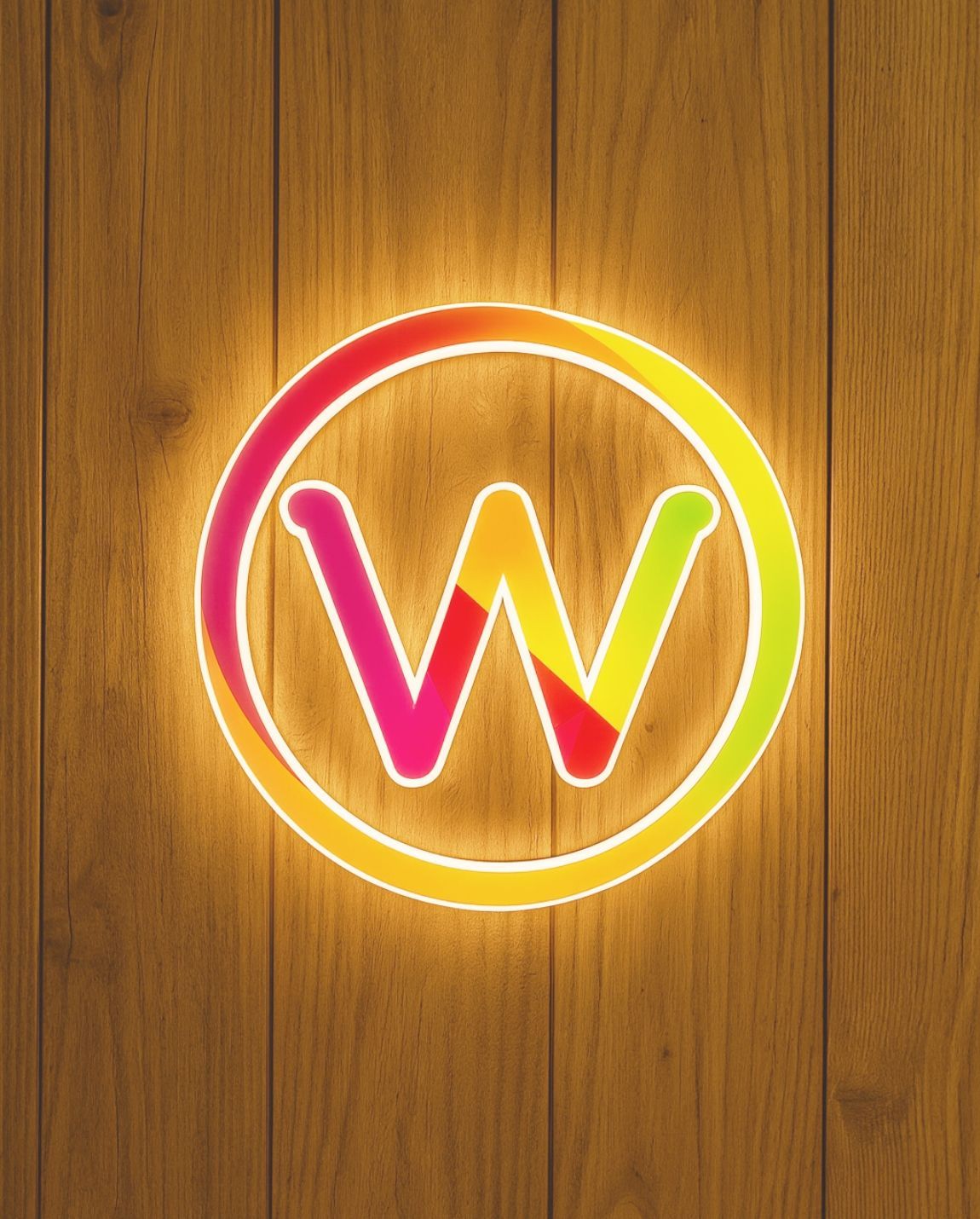 Un « W » lumineux et coloré dans un cercle, sur un fond imitation bois.