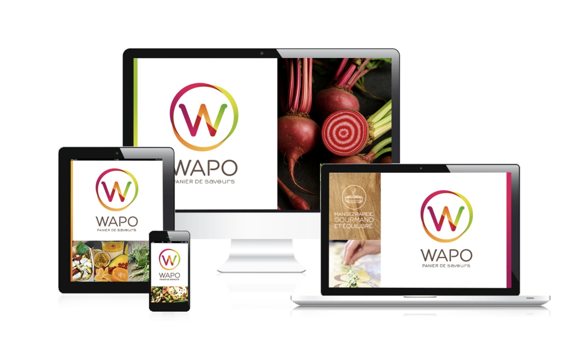 Des écrans numériques affichent le logo de « WAPO », ainsi que des images de plats associés.