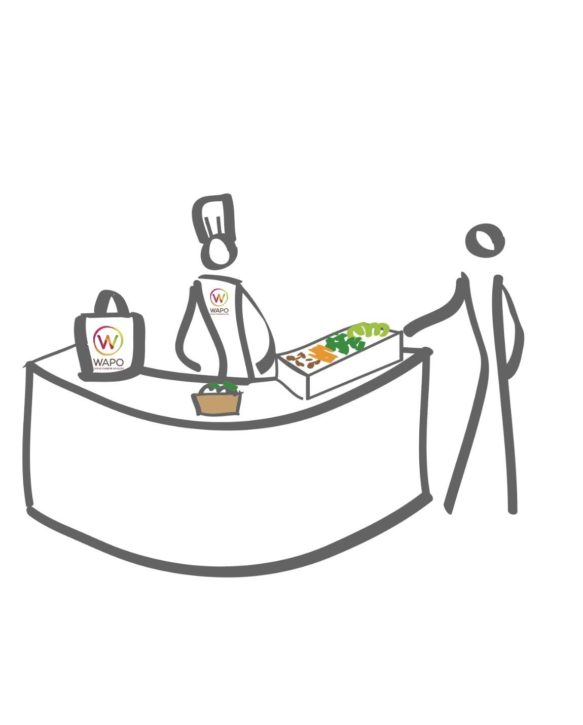 Une personne reçoit quelque chose à un stand de nourriture. Un vendeur coiffé d'une toque de chef se tient derrière le comptoir, proposant un assortiment de légumes.