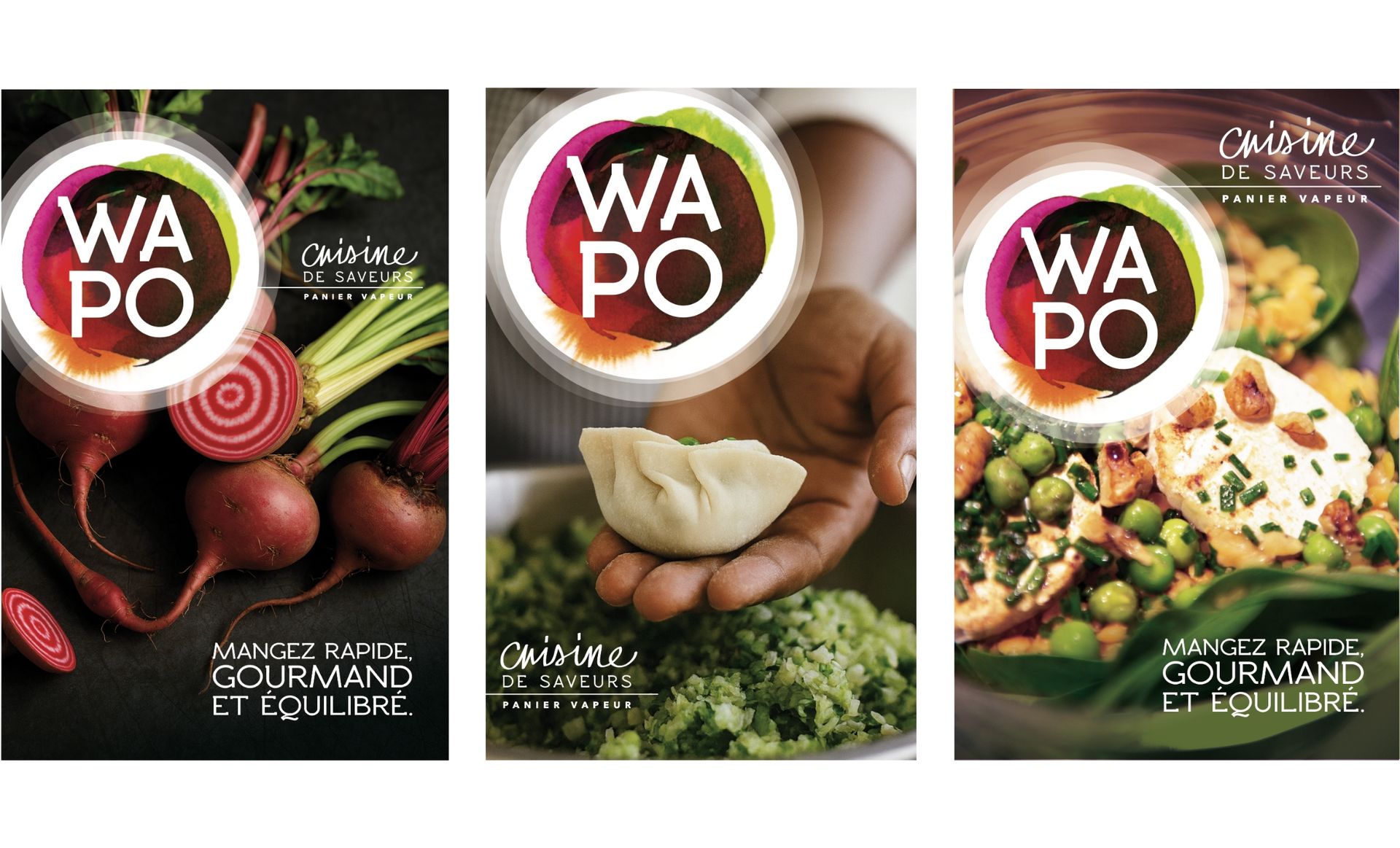 Trois affiches avec le logo « WAPO ». On y voit des betteraves, une main tenant un ravioli et un plat de salade.