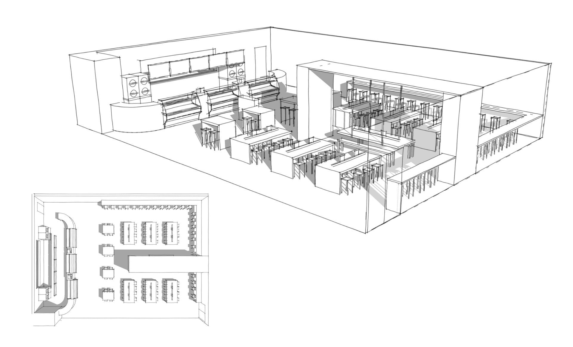 Dessin en perspective de l'intérieur d'un bâtiment, montrant des rangées d'objets et une section de mur extérieur.