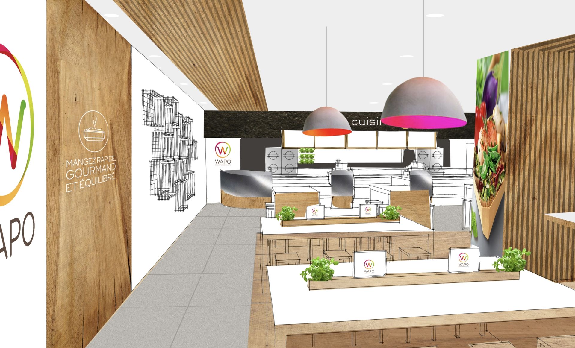 Intérieur d'un restaurant avec décor en bois, comptoir, tables et suspensions lumineuses.