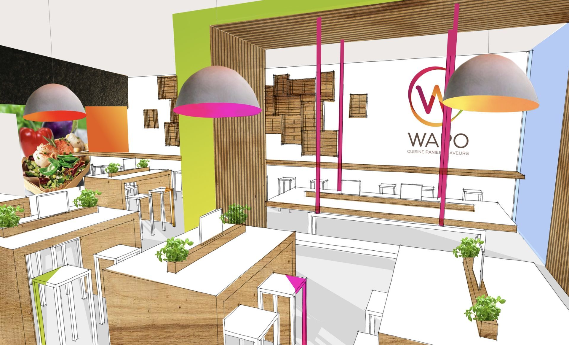 Intérieur d'un restaurant avec tables en bois, plantes décoratives et suspensions lumineuses. Le mur arbore le logo « WAPO » et des œuvres d'art.