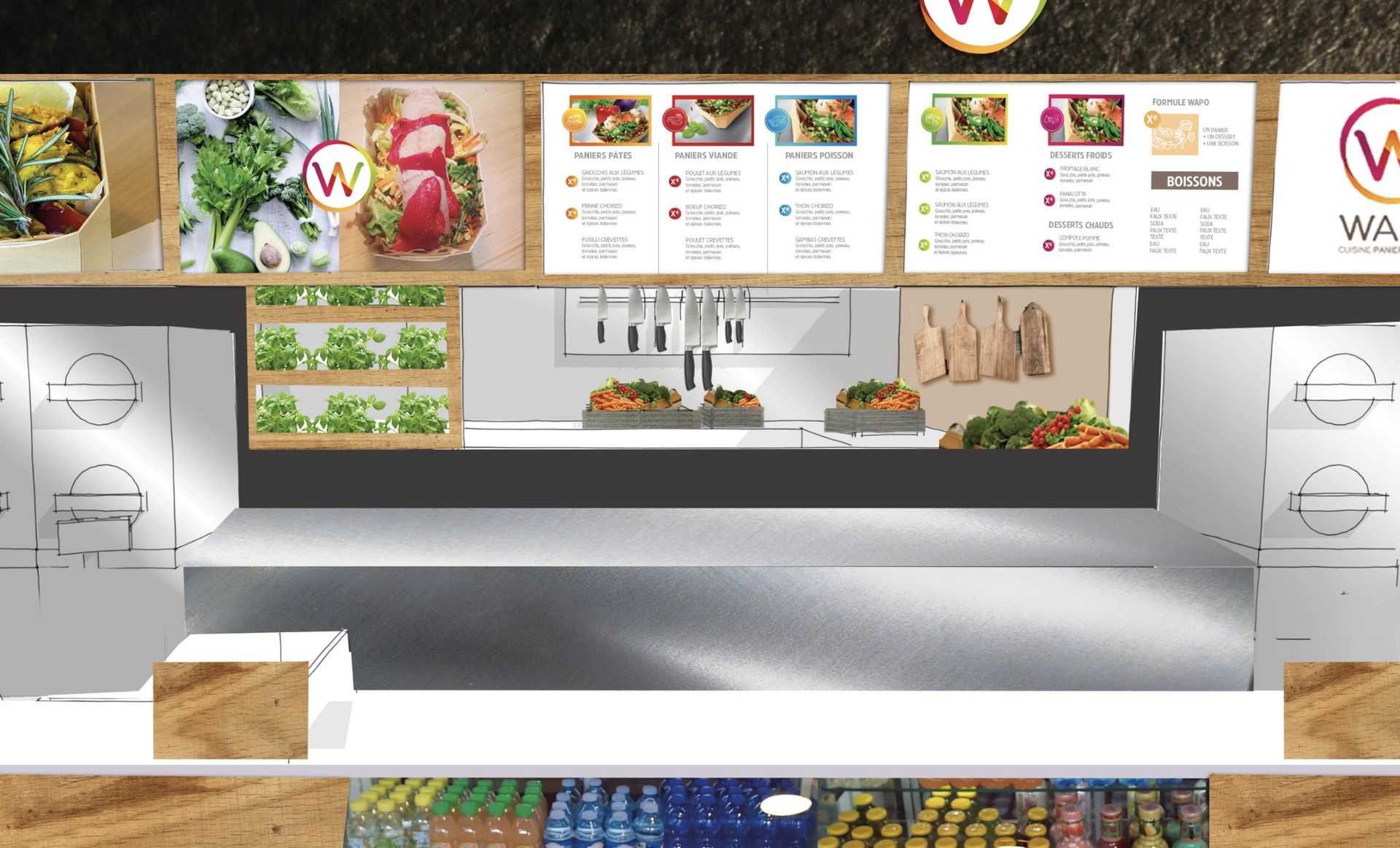 Intérieur d'un restaurant avec menu, ingrédients et comptoir.