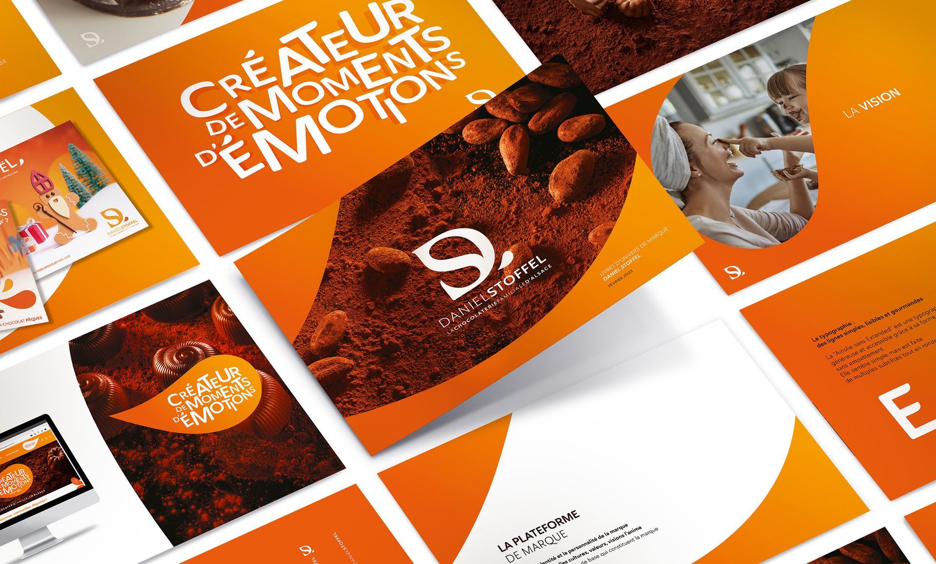 Brochures et supports marketing orange et marron avec texte et logo « 9. » et images de chocolat et d'un soin spa.