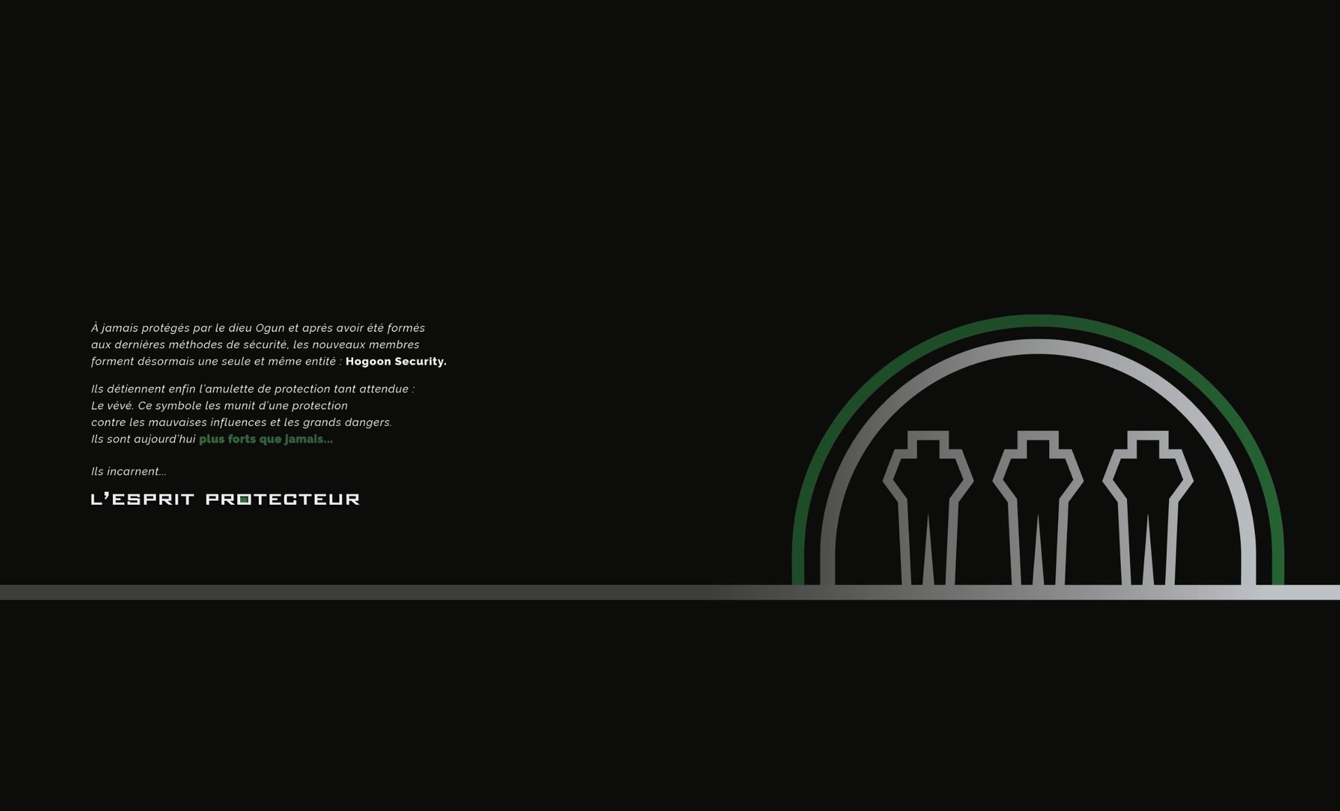 Fond noir avec logo argenté en forme d'arche représentant trois personnages dans un contour vert ; texte à gauche.