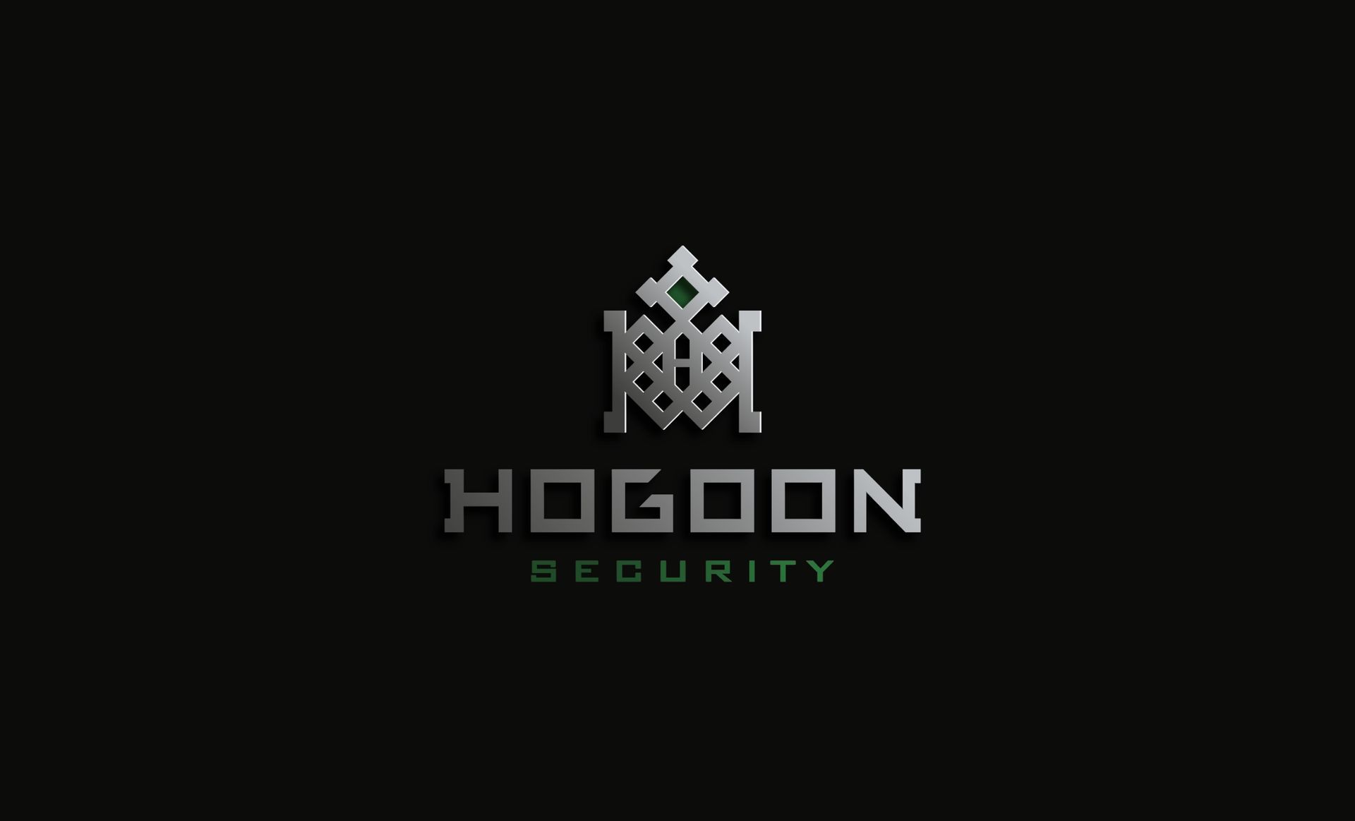 Logo argenté : « HOGOON SECURITY » avec un monogramme stylisé au-dessus, sur fond noir.