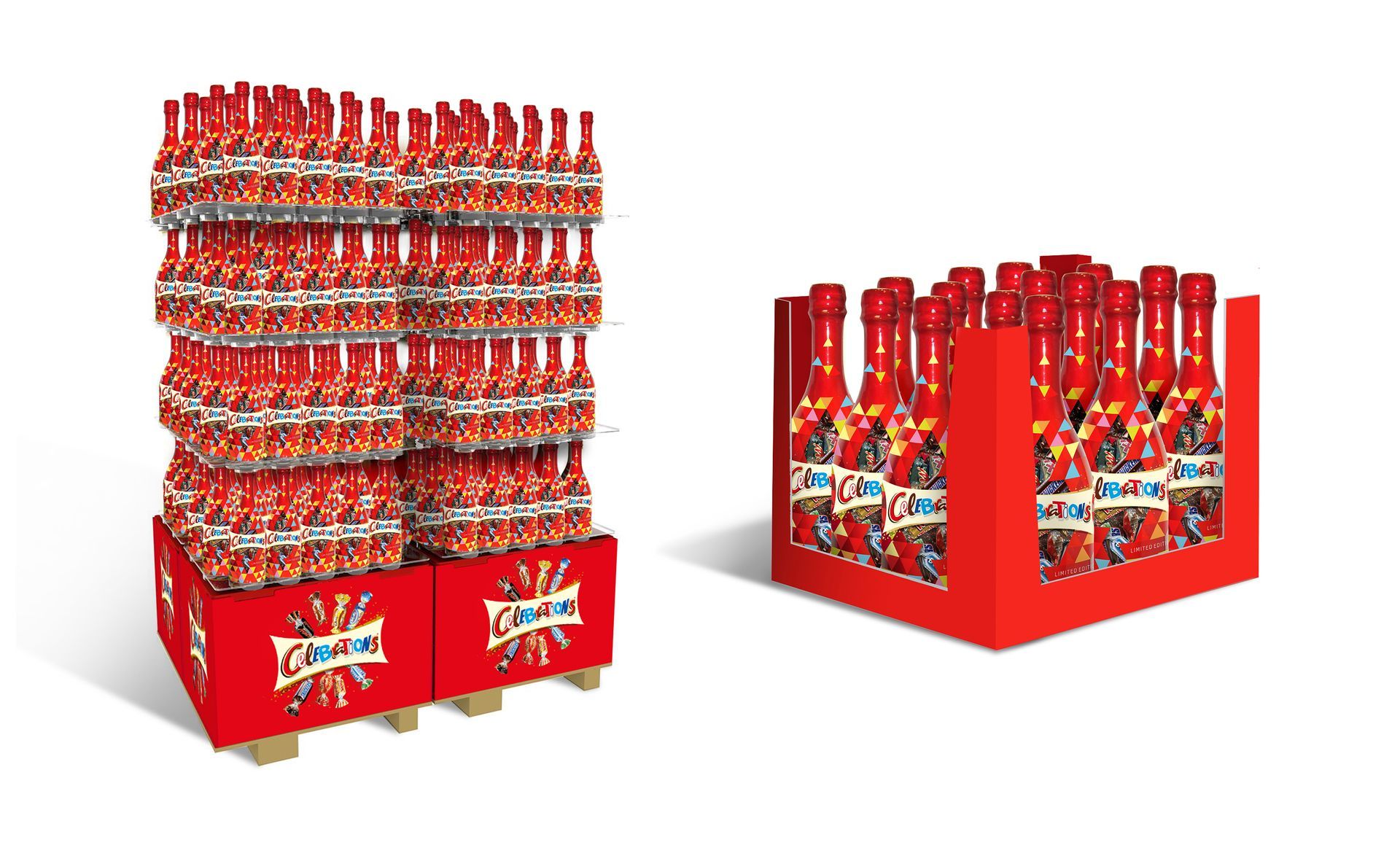 Deux présentoirs de boissons rouges. L'un est une palette remplie de bouteilles, l'autre un plateau plus petit.