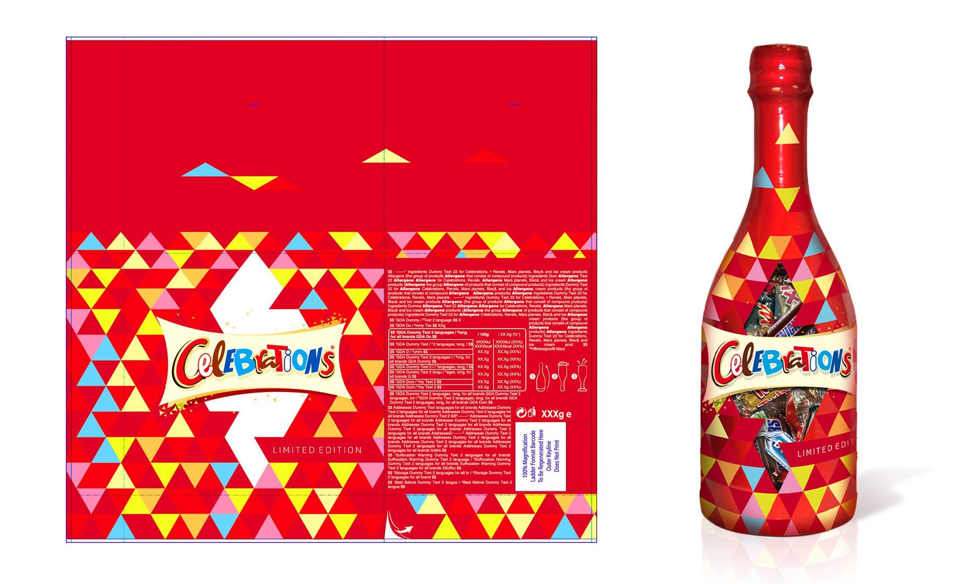 Bouteille et emballage de chocolat Celebrations avec un fond rouge et des triangles colorés.