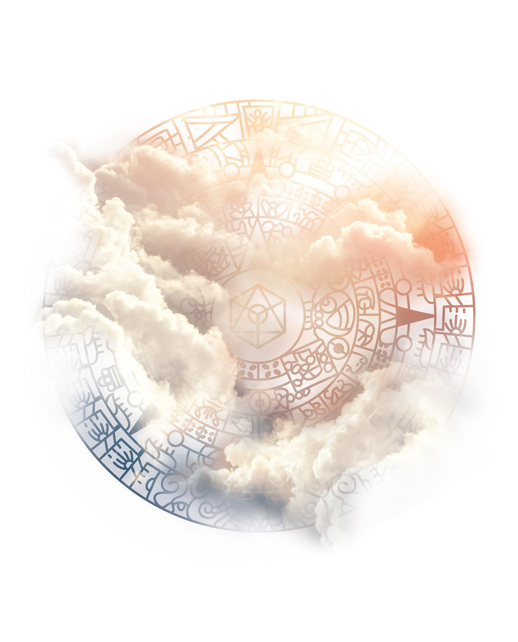 Cercle avec motif gravé recouvert de nuages ​​aux couleurs chaudes et claires.