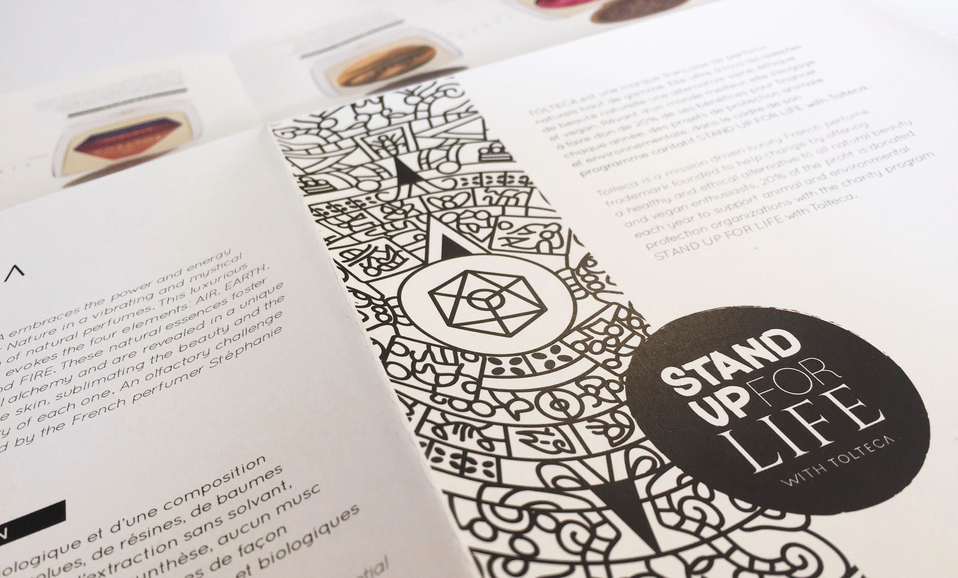 Livre ouvert avec illustration en noir et blanc ; logo « STAND UP FOR LIFE », texte et photo de nourriture.