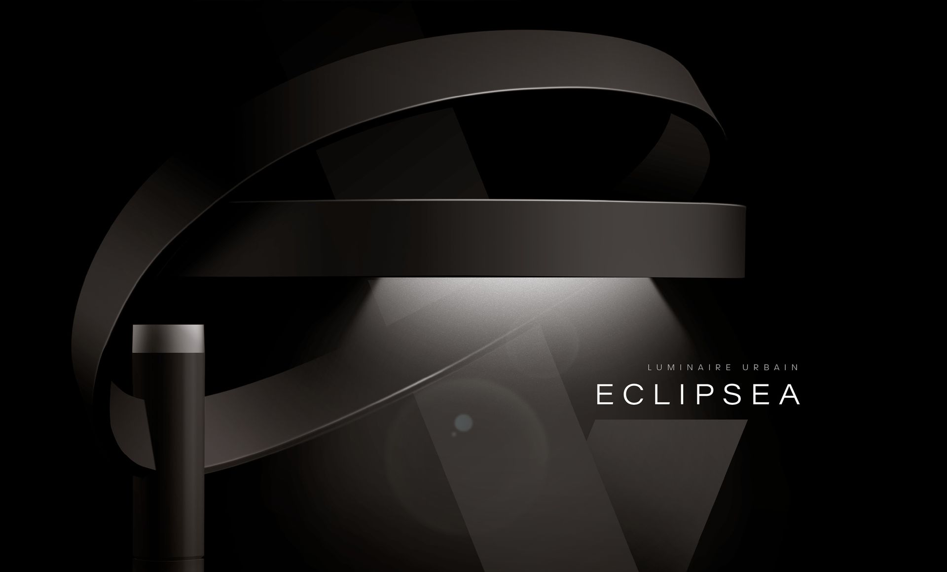 Design abstrait noir avec le mot « Eclipsa » et un projecteur sur un piédestal.
