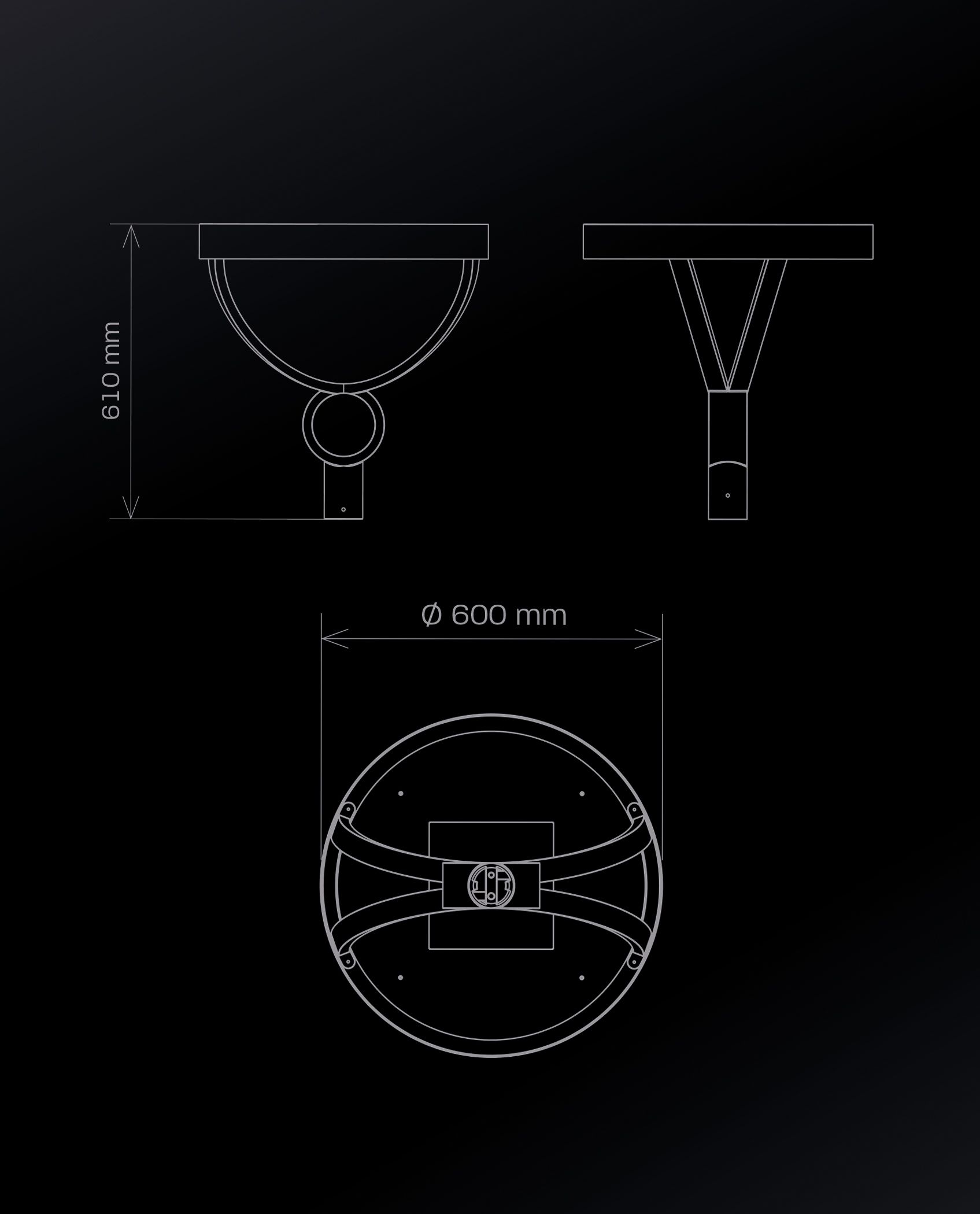 Schéma d'un luminaire sphérique de dimensions : 140 mm de hauteur, 360 mm de diamètre.