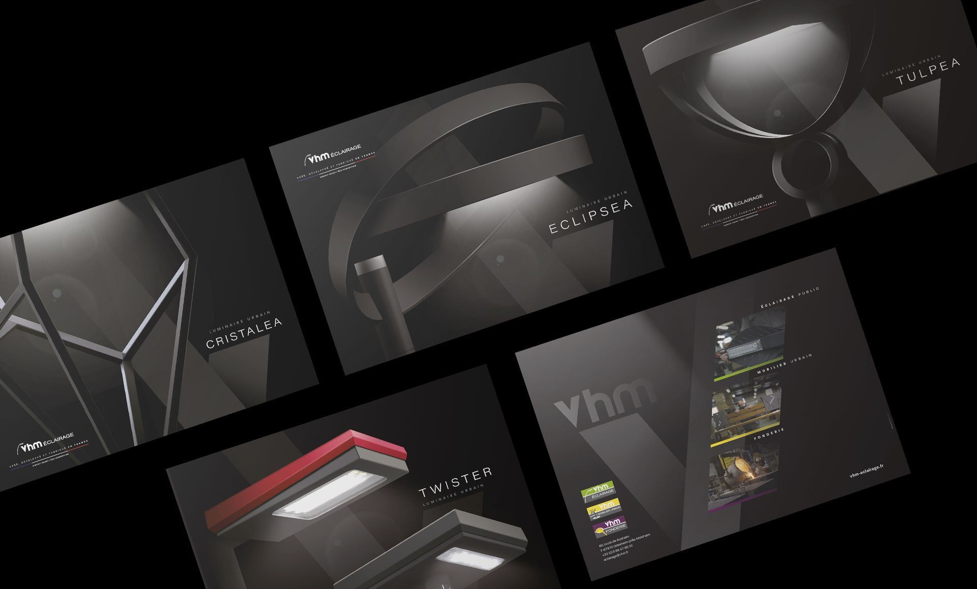 Cinq images abstraites gris foncé : formes angulaires, casque, projecteur, luminaires et un écran avec du texte et un logo.
