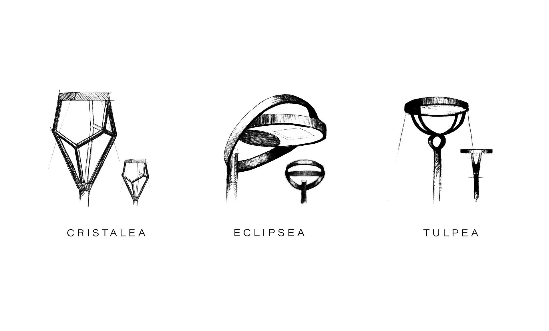 Trois dessins stylisés de lampes avec des abat-jours différents, chacun associé à un composant plus petit.