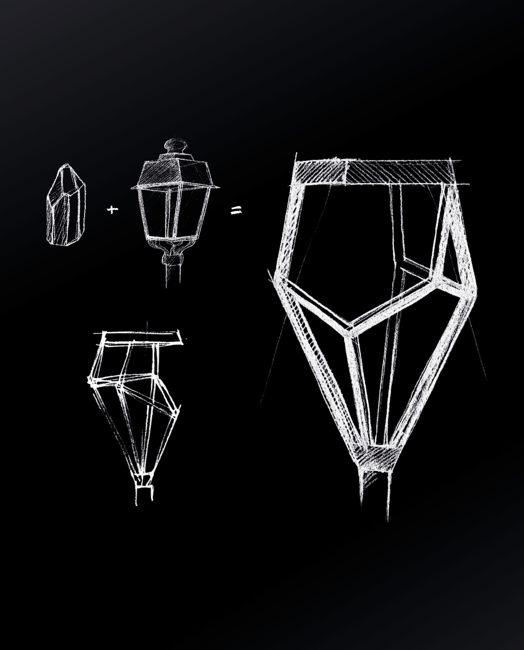 Croquis montrant la construction d'une lampe suspendue géométrique, en utilisant un modèle de lanterne comme référence.