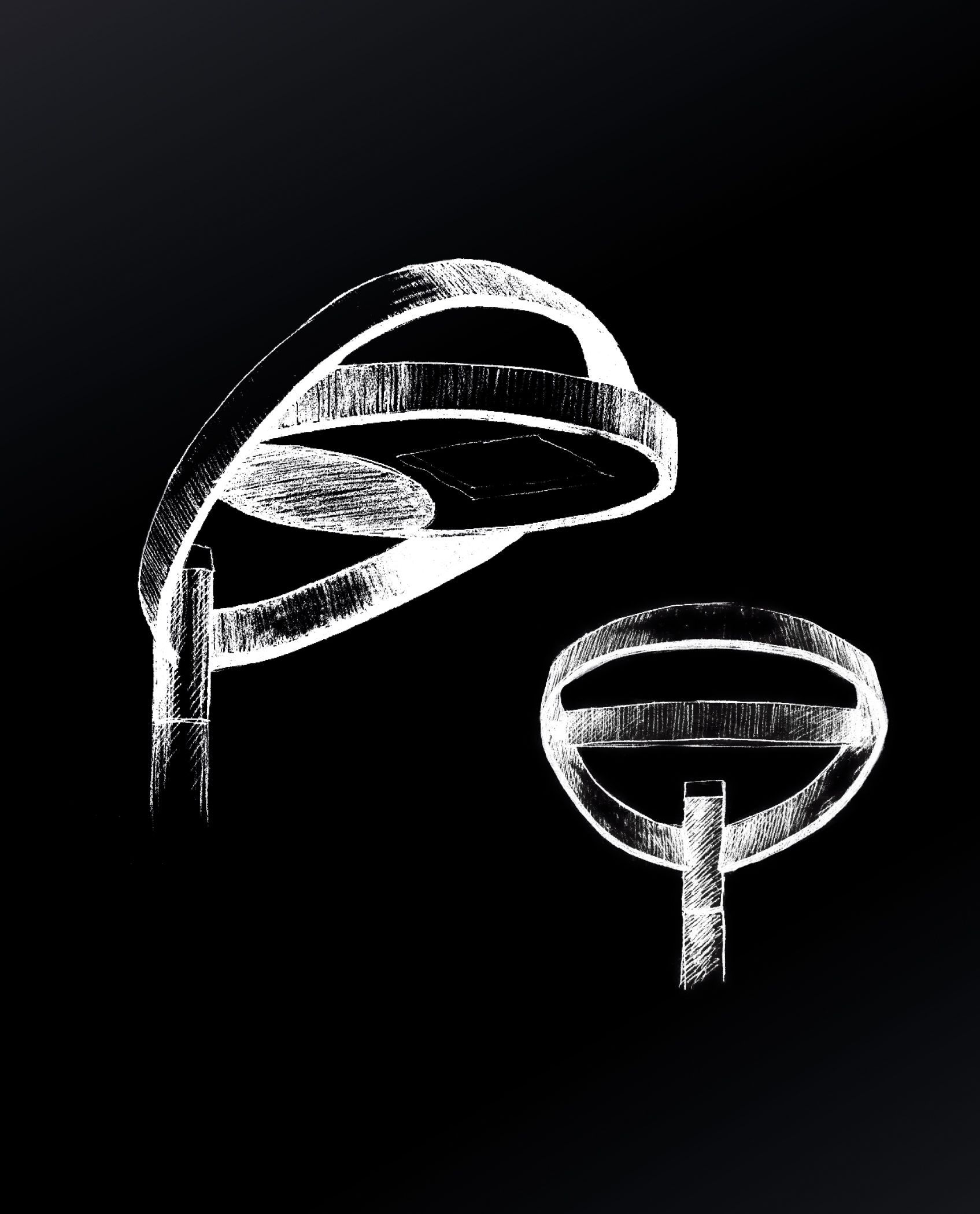 Deux luminaires blancs, stylisés et en boucle sur fond noir.