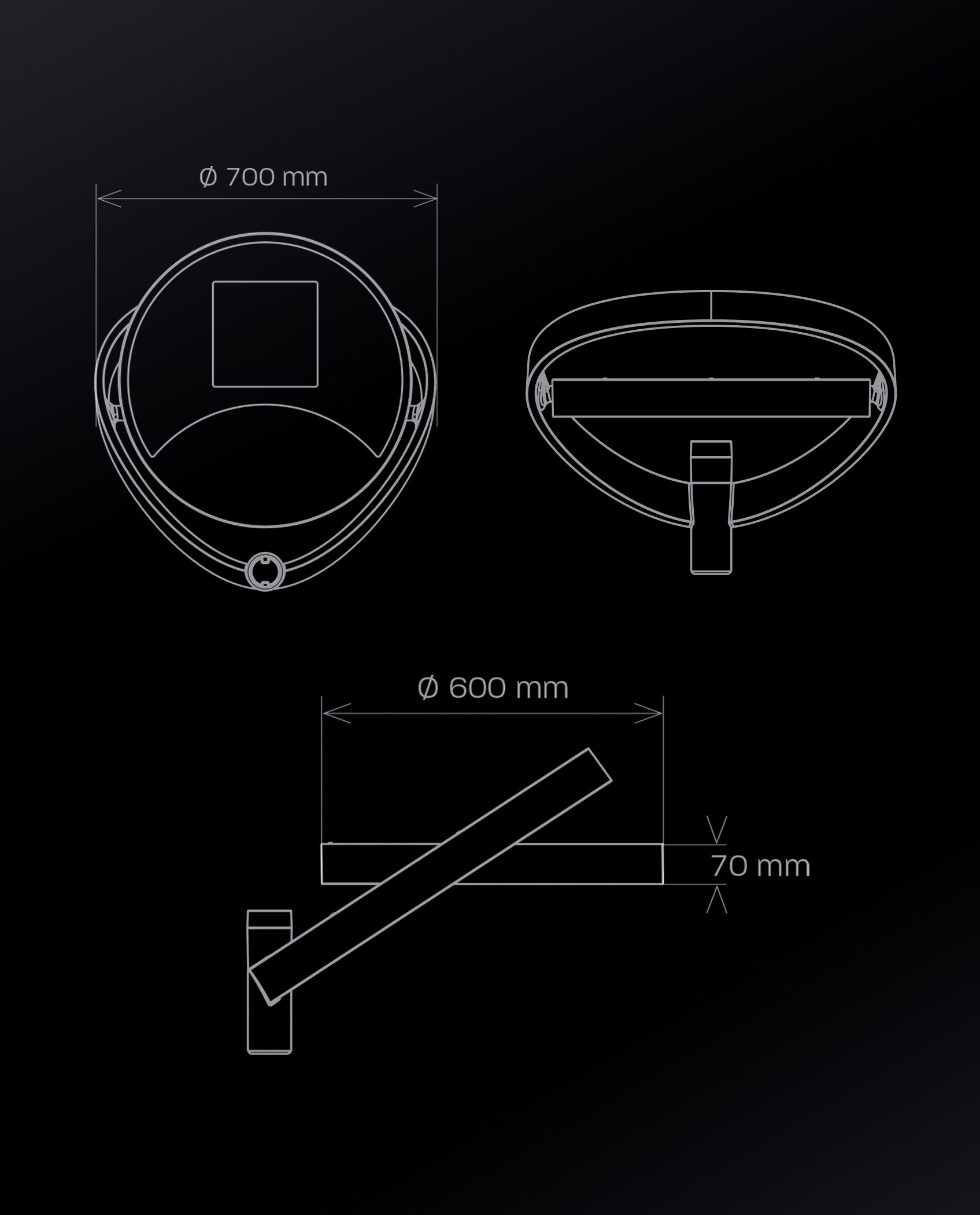 Trois vues d'un dessin technique d'un objet circulaire avec un élément carré, avec dimensions et mesures.