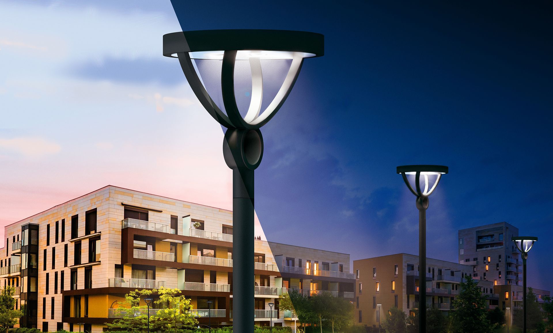 Lampadaires illuminant les bâtiments modernes au crépuscule et la nuit.