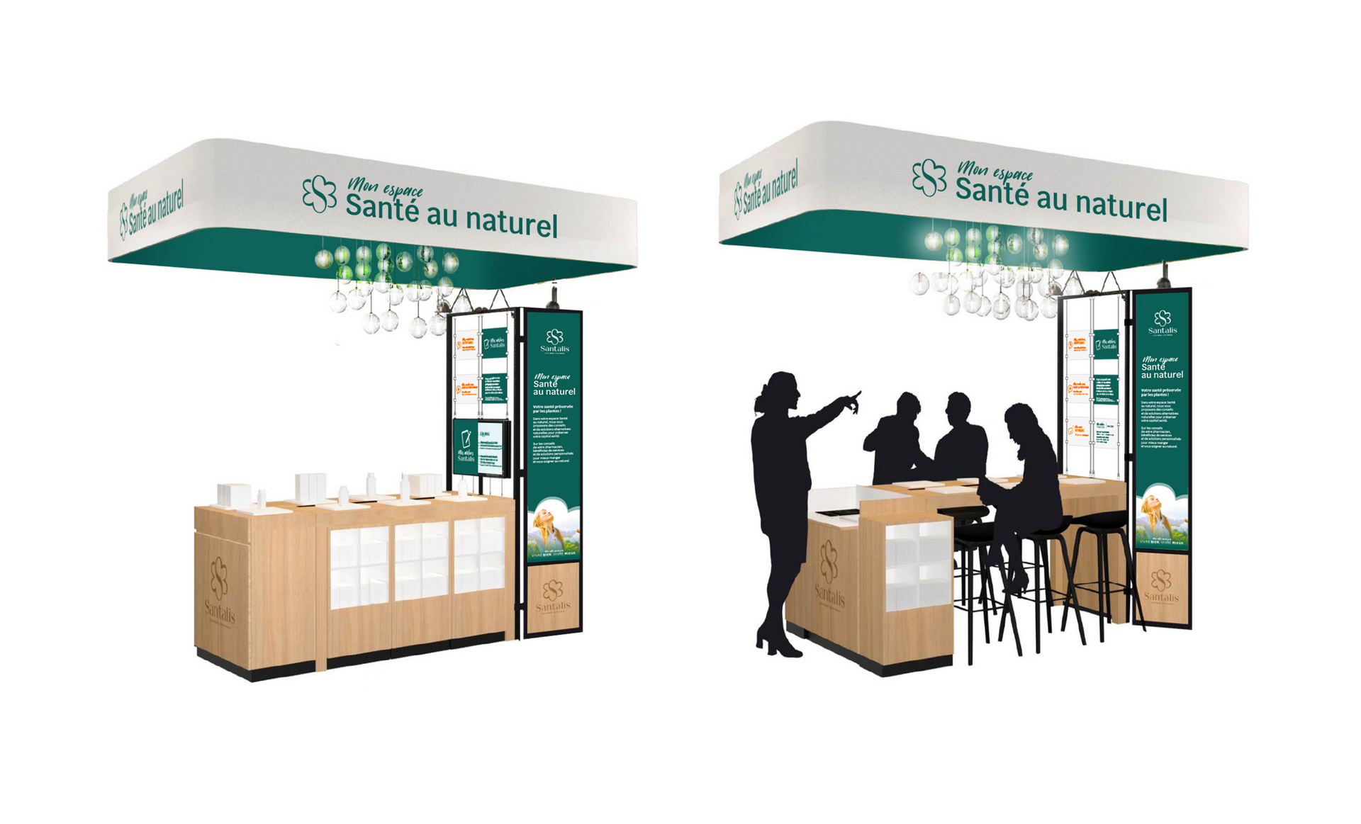 Deux stands d'exposition, l'un vide, l'autre occupé. Des touches de vert et de bois.