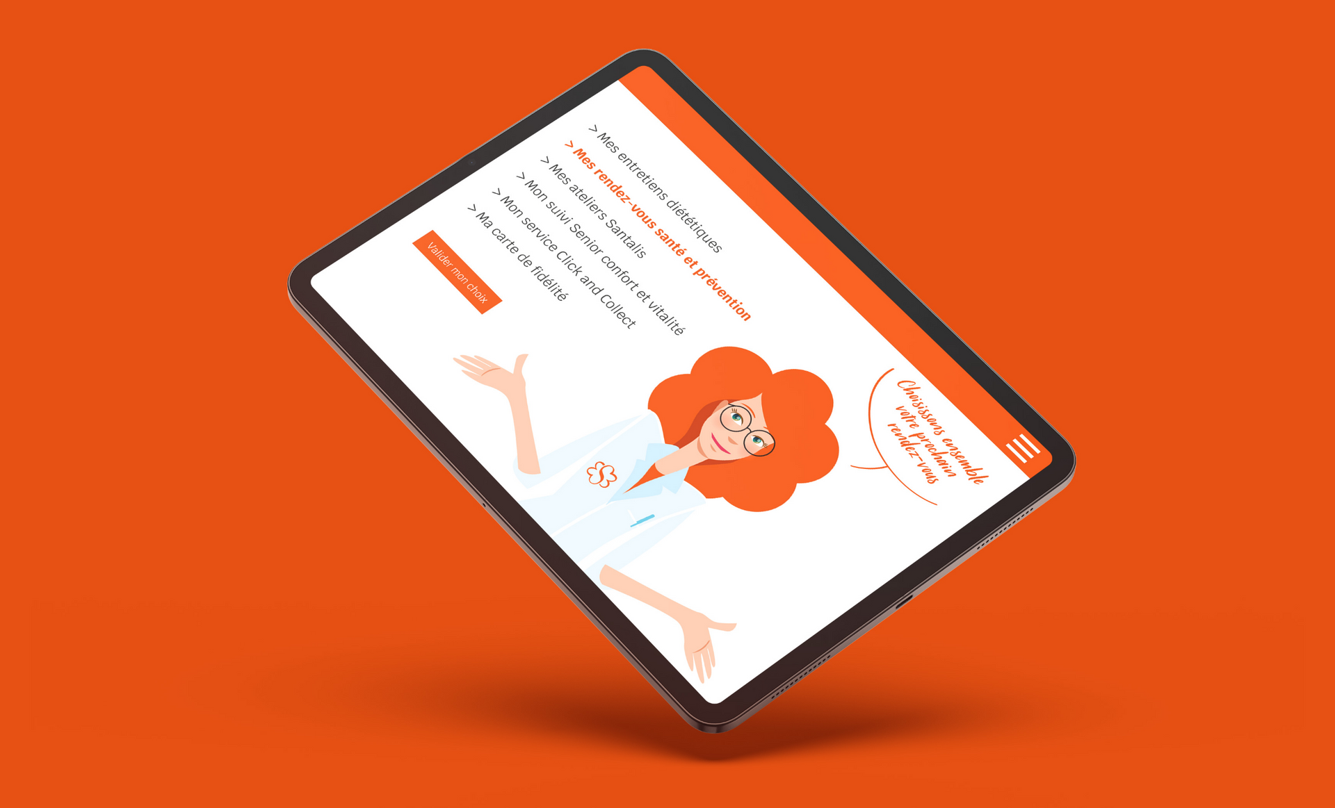 Tablette affichant un site Web avec une illustration de femme sur fond orange.