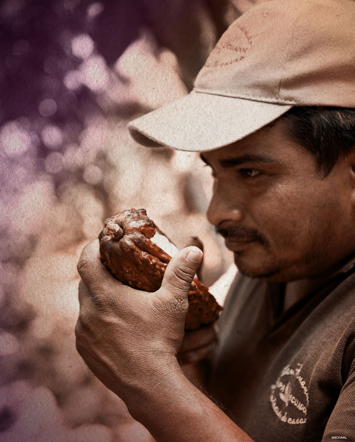 Un homme, coiffé d'une casquette et vêtu d'une chemise sombre, examine une cabosse de cacao en extérieur.