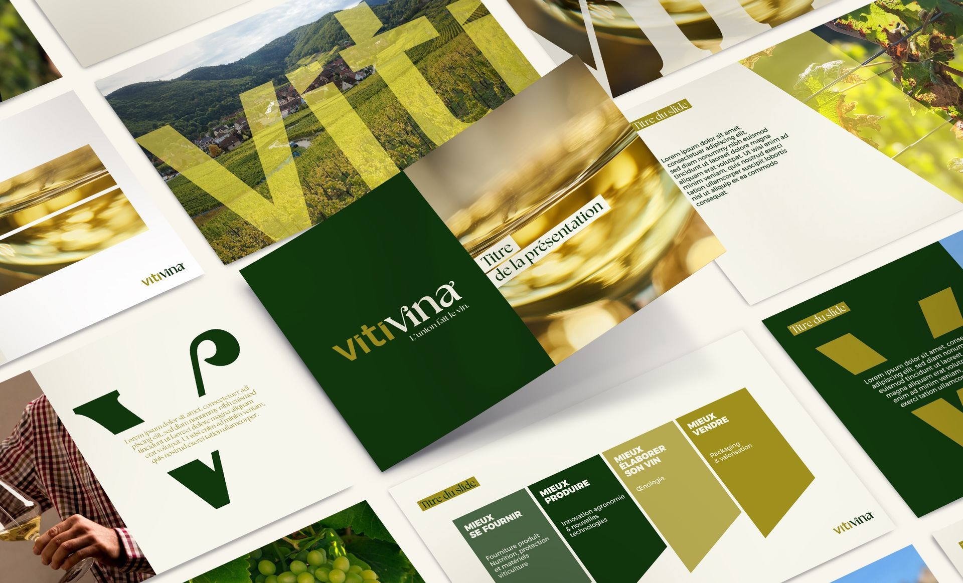 Maquette de brochure présentant le logo « Vitivina », avec des images de vignobles  ; tons verts et dorés.