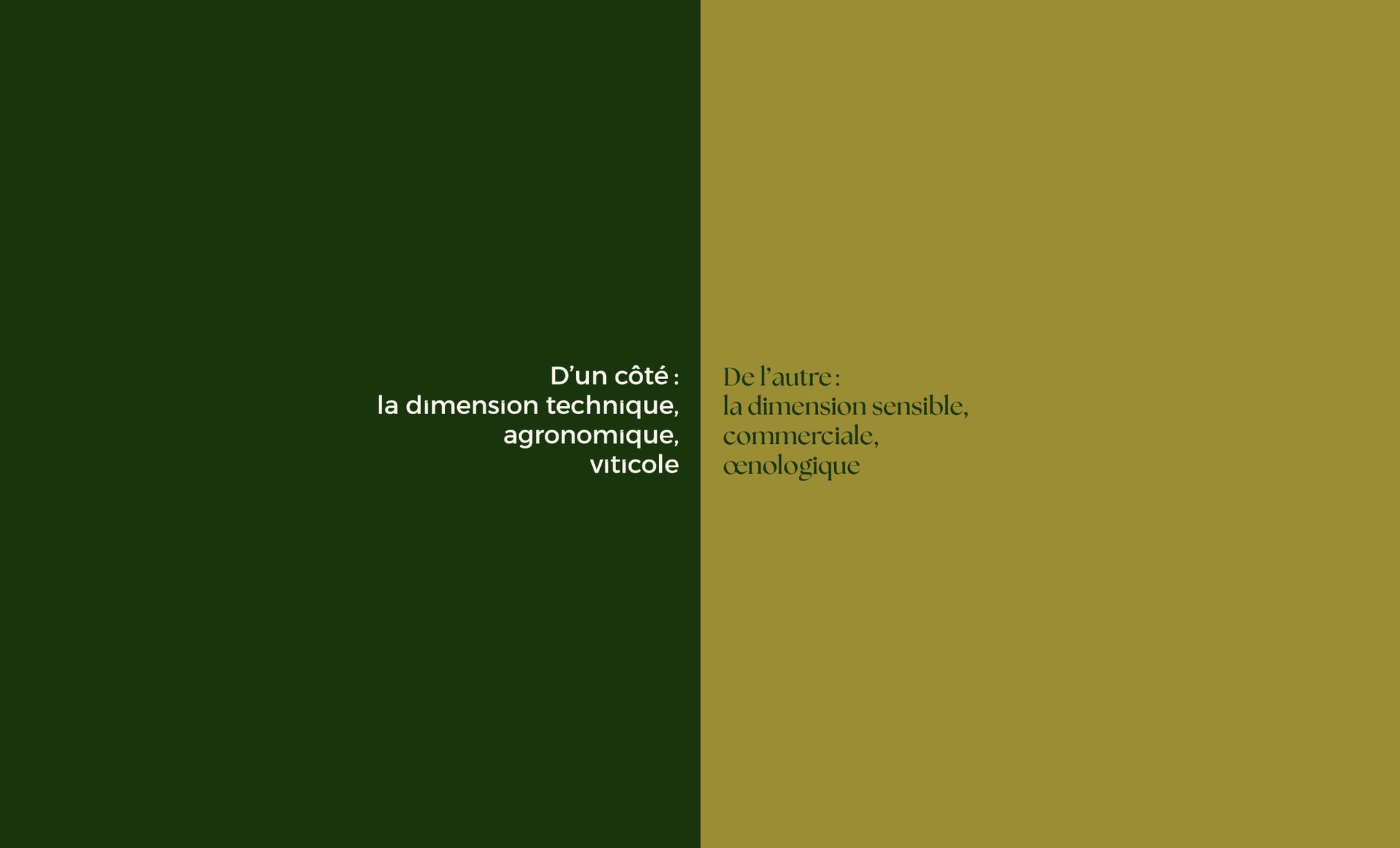 Écran partagé vert foncé et or avec texte blanc.