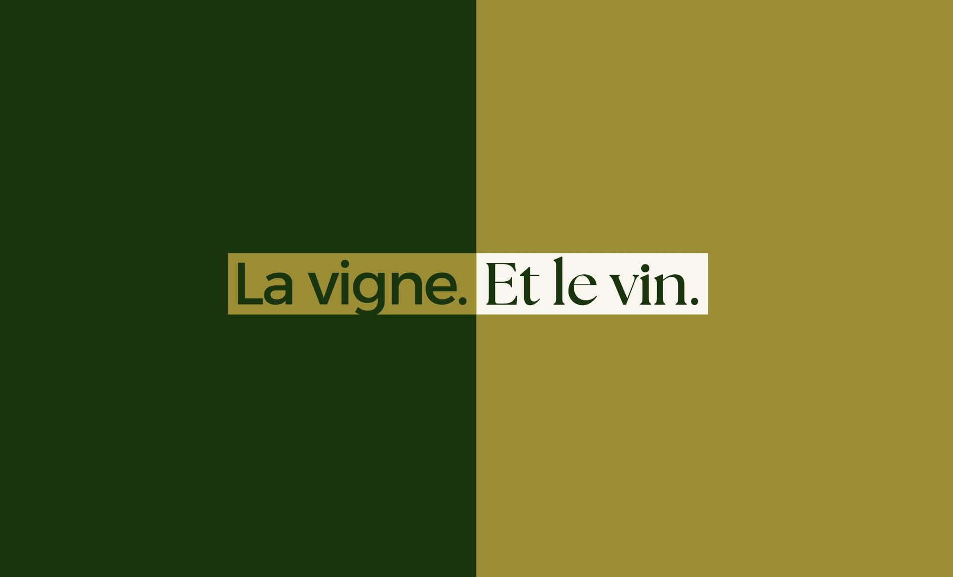 Écran partagé, fonds vert olive et or avec texte blanc : 