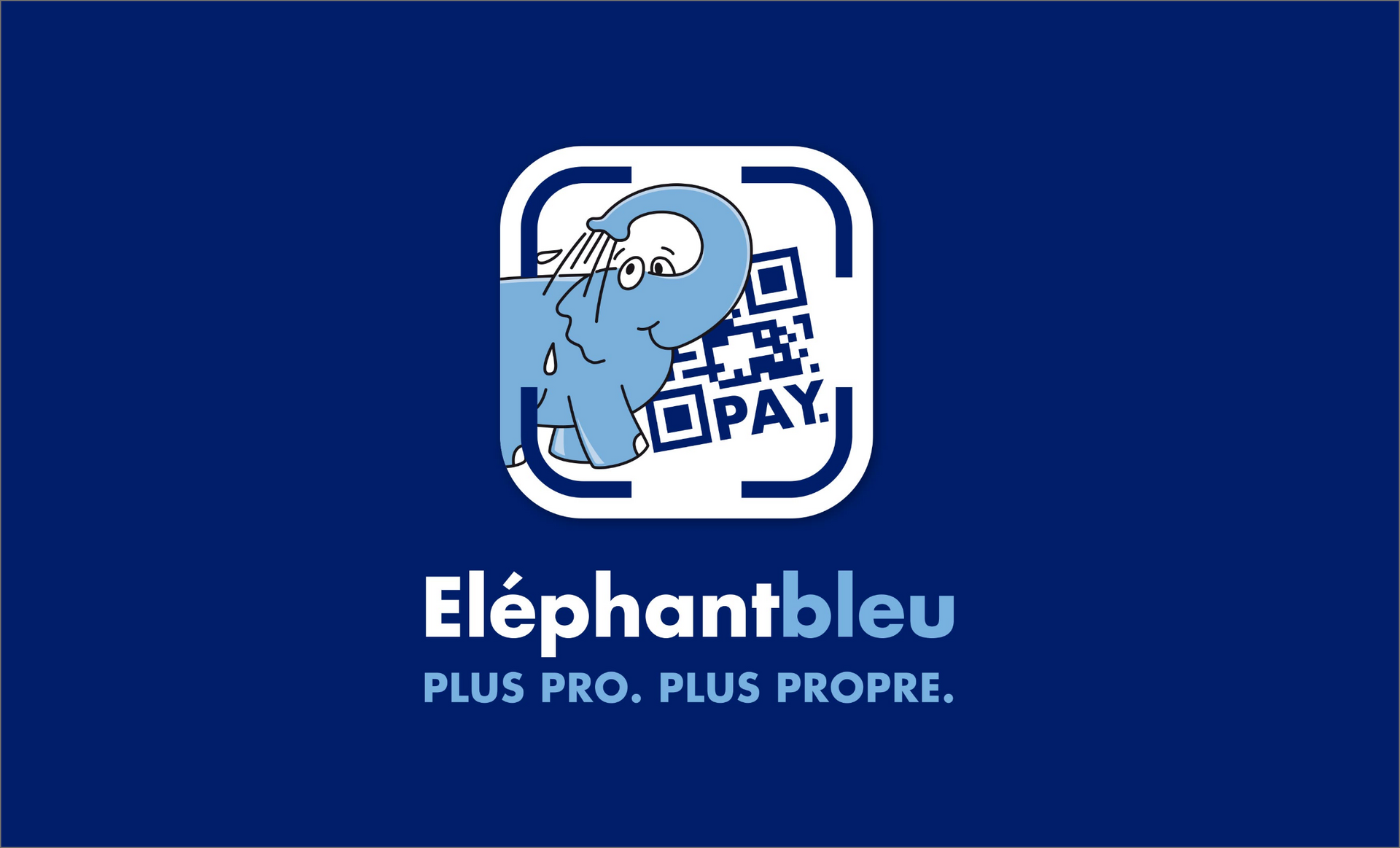 Logo bleu pour le lave-auto Éléphant Bleu avec un éléphant et un QR code.