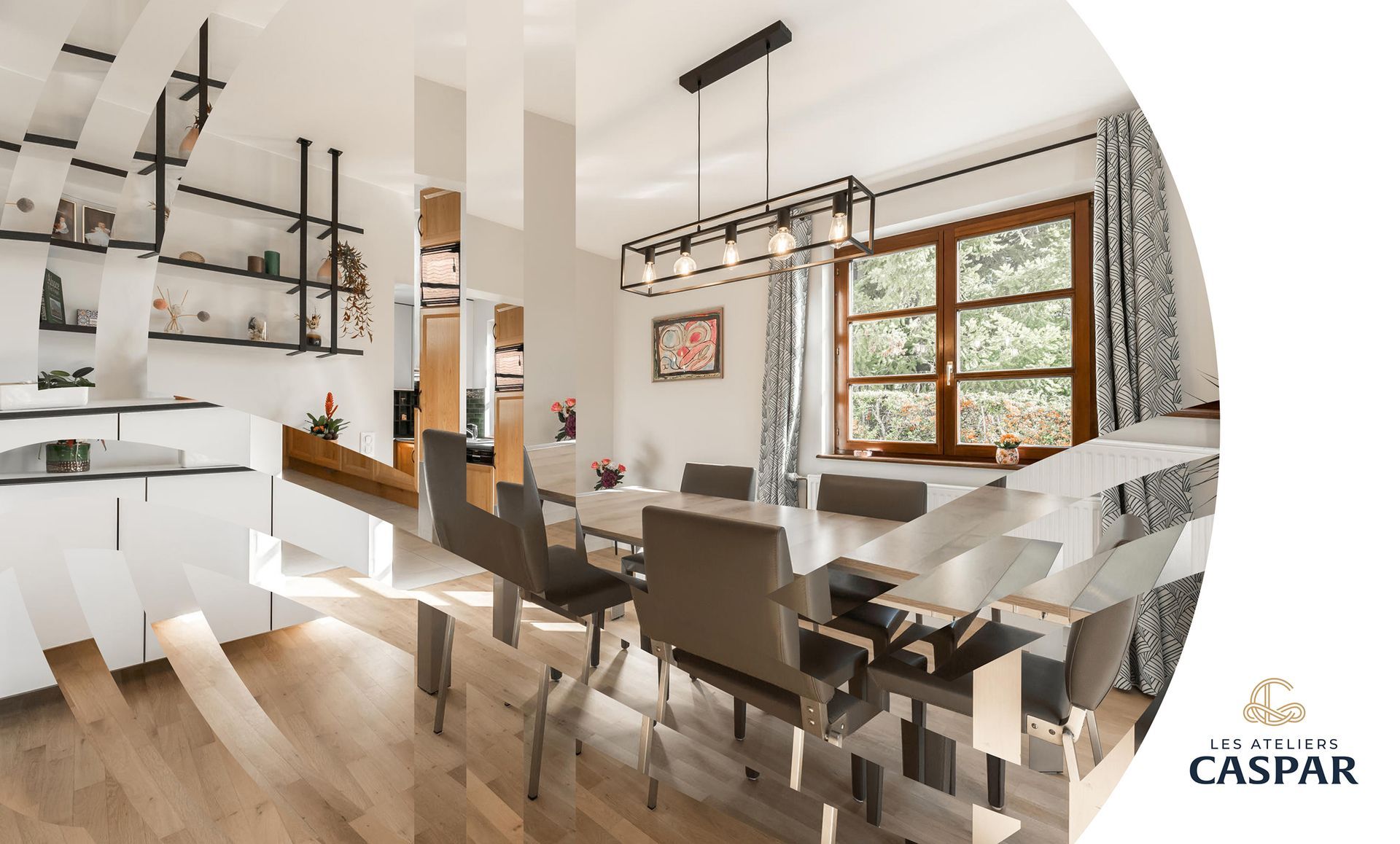Salle à manger moderne avec parquet, table et chaises près d'une fenêtre.