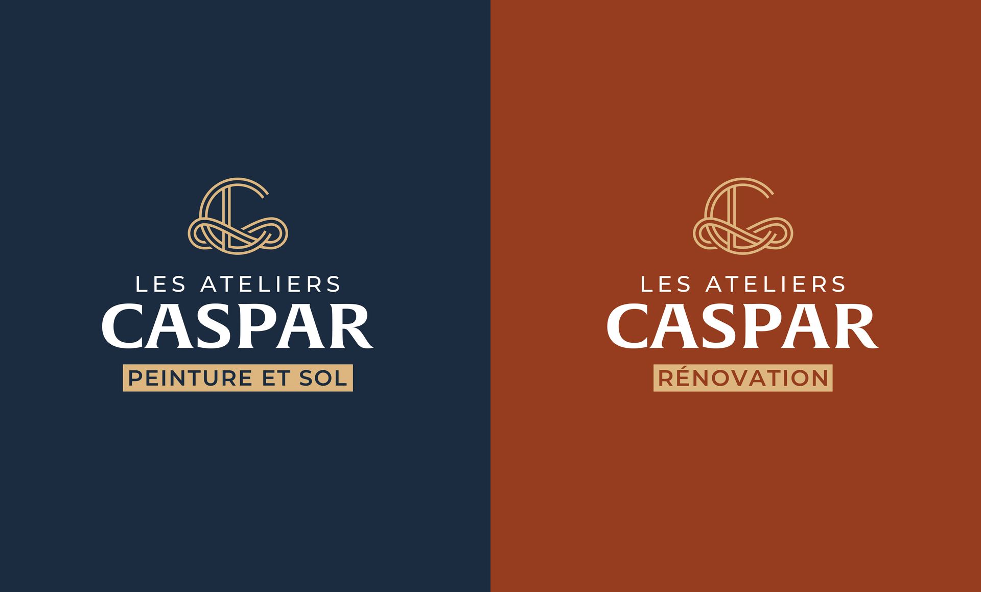 Variantes du logo « Les Ateliers Caspar » en texte doré, avec un « C » stylisé. Fond bleu et marron.