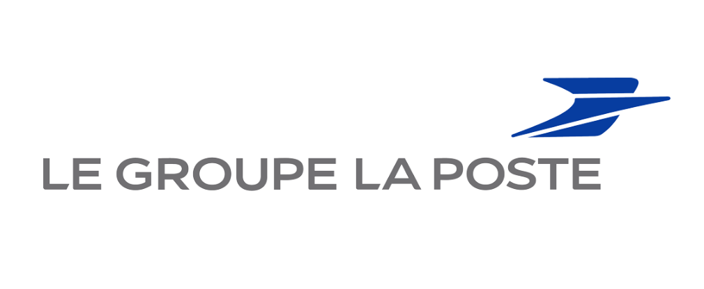 Logo du Groupe La Poste : texte gris avec une icône d'oiseau stylisé bleu.
