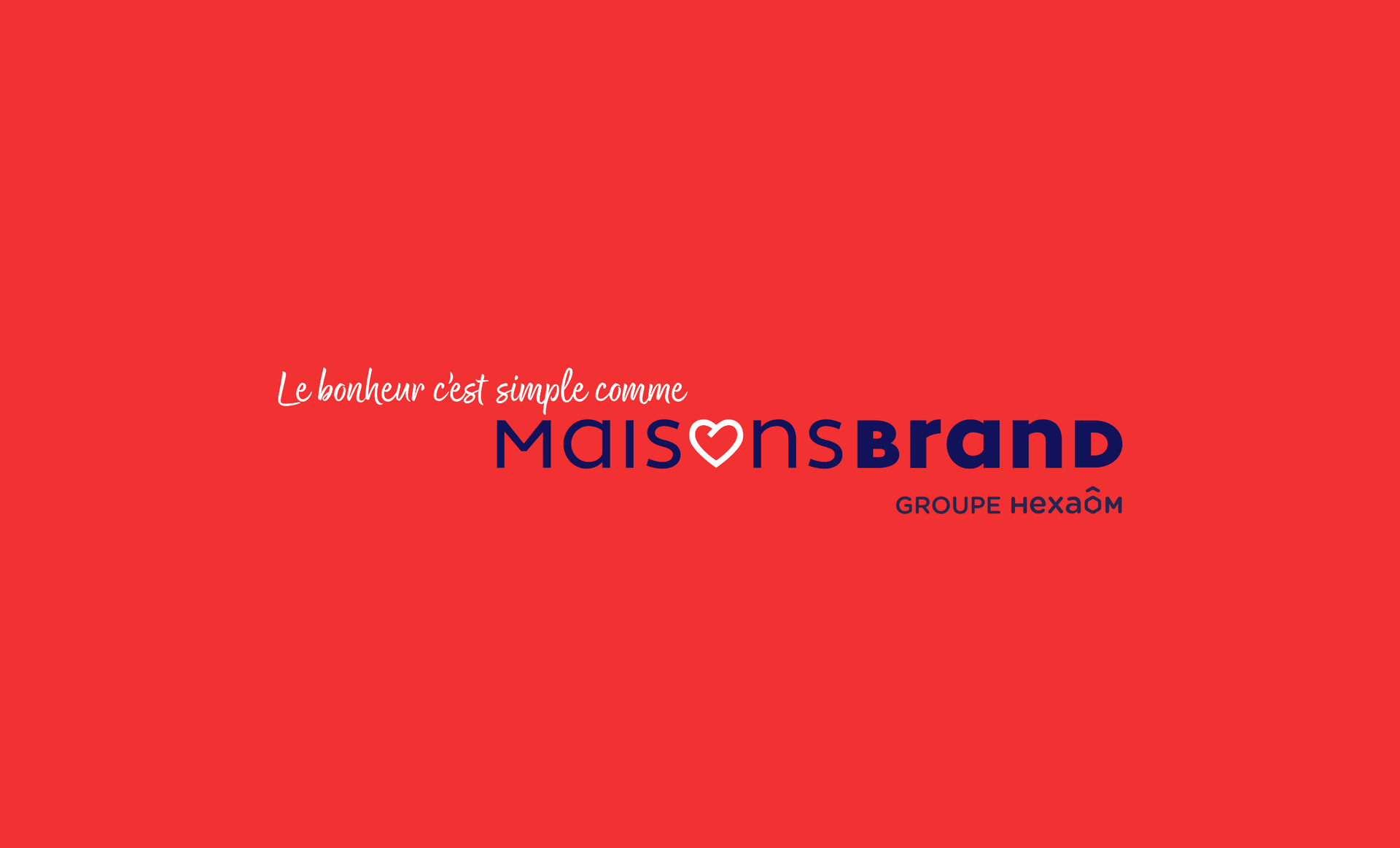 Fond rouge avec logo « MAISONSBRAND » en bleu et blanc. Symbole cœur.