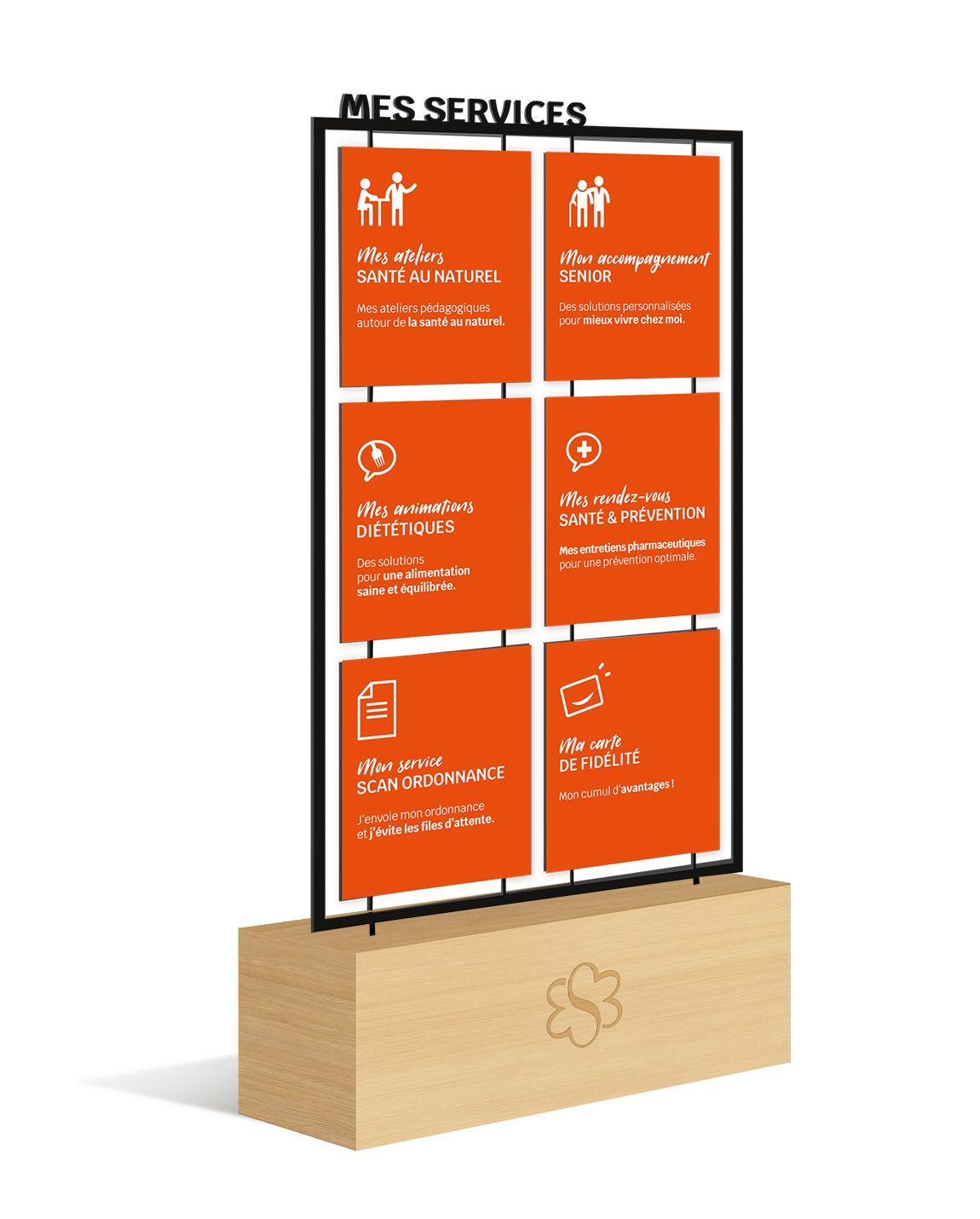 Panneau avec panneaux orange affichant les services MES, monté sur un socle en bois.