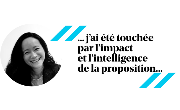 Femme souriante avec citation : « J'ai été touchée par l'impact et l'intelligence de la proposition. »